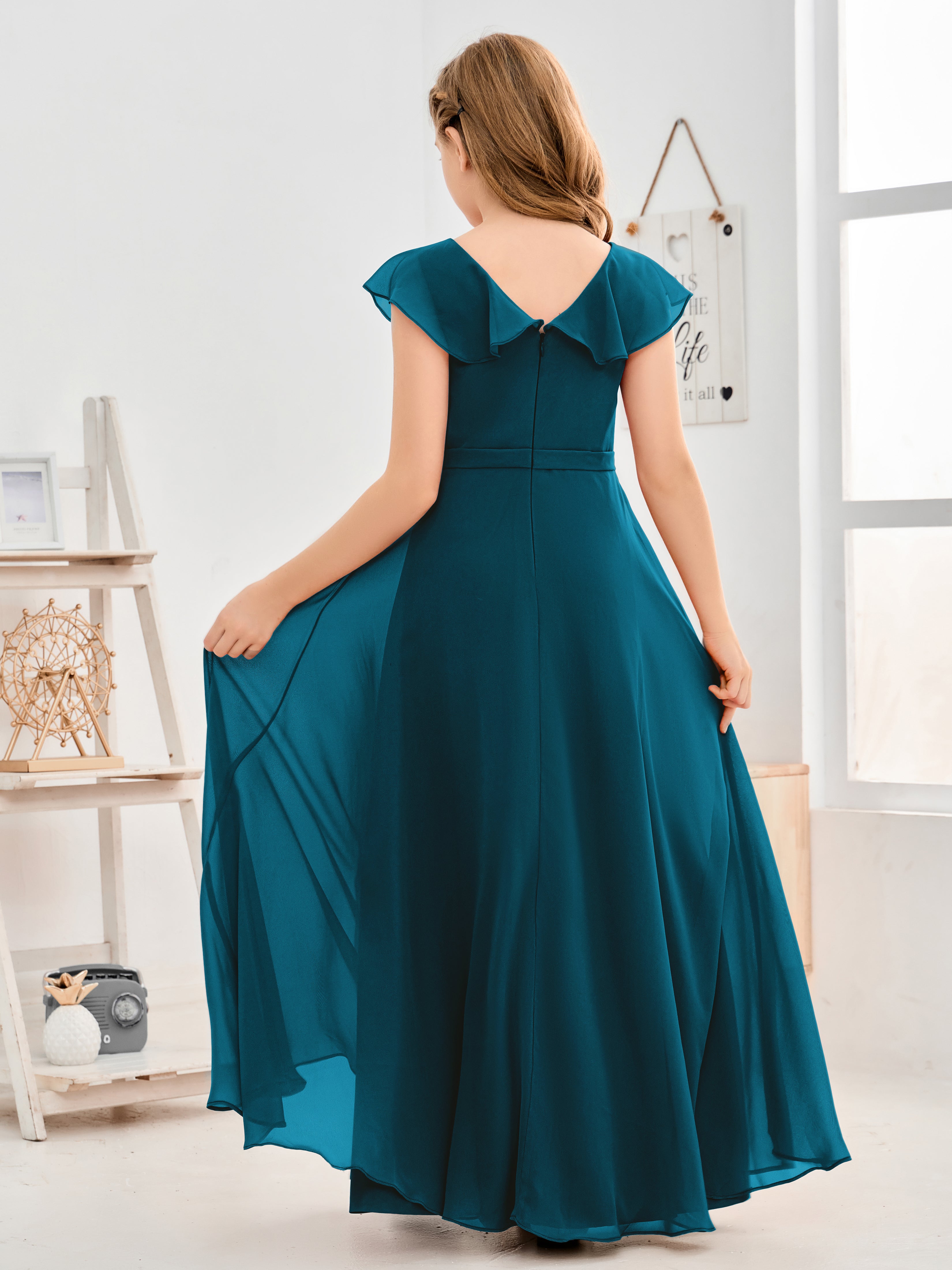 V Neck Ruffles Chiffon Junior Bridesmaid Dresses