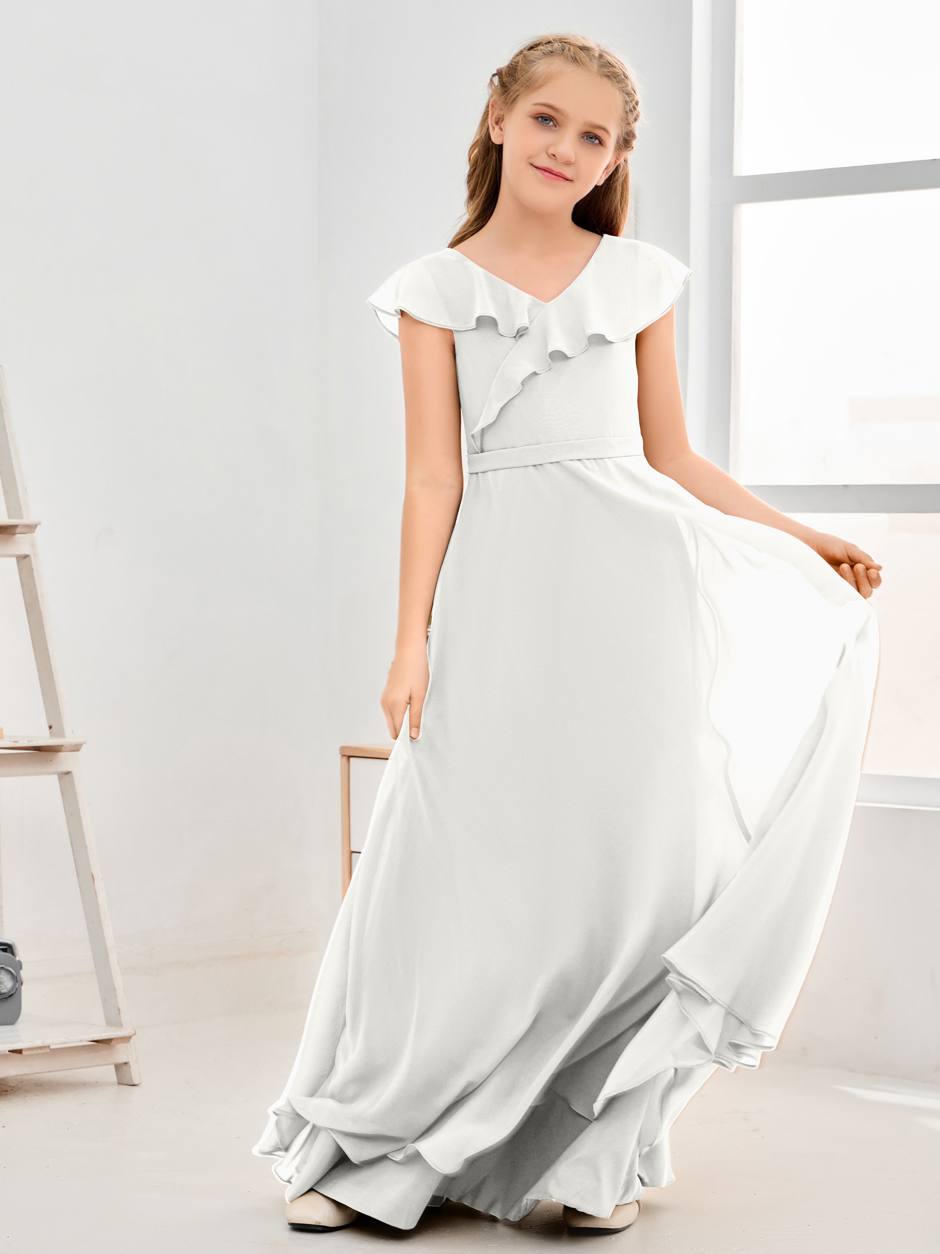 V Neck Ruffles Chiffon Junior Bridesmaid Dresses