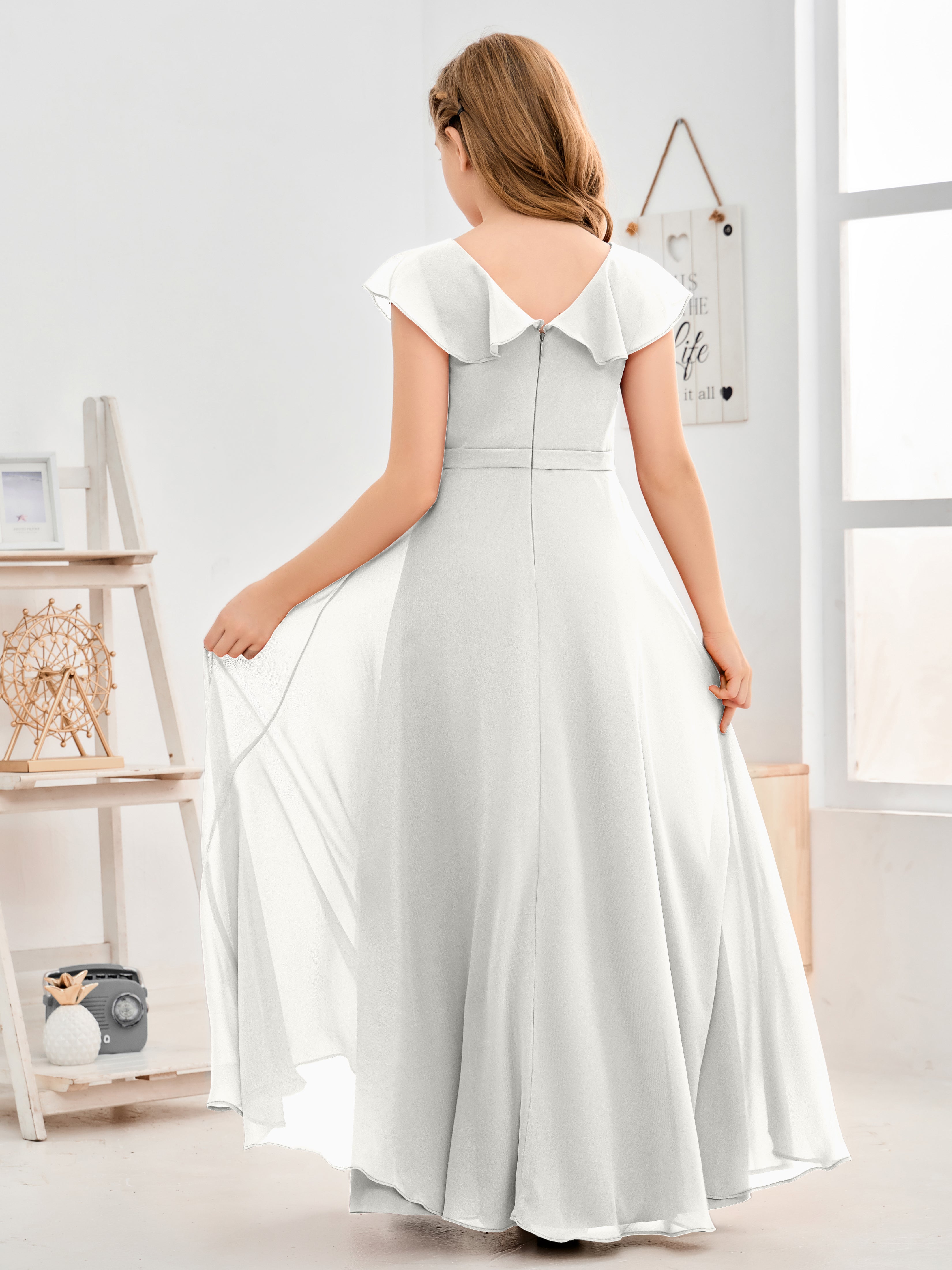 V Neck Ruffles Chiffon Junior Bridesmaid Dresses