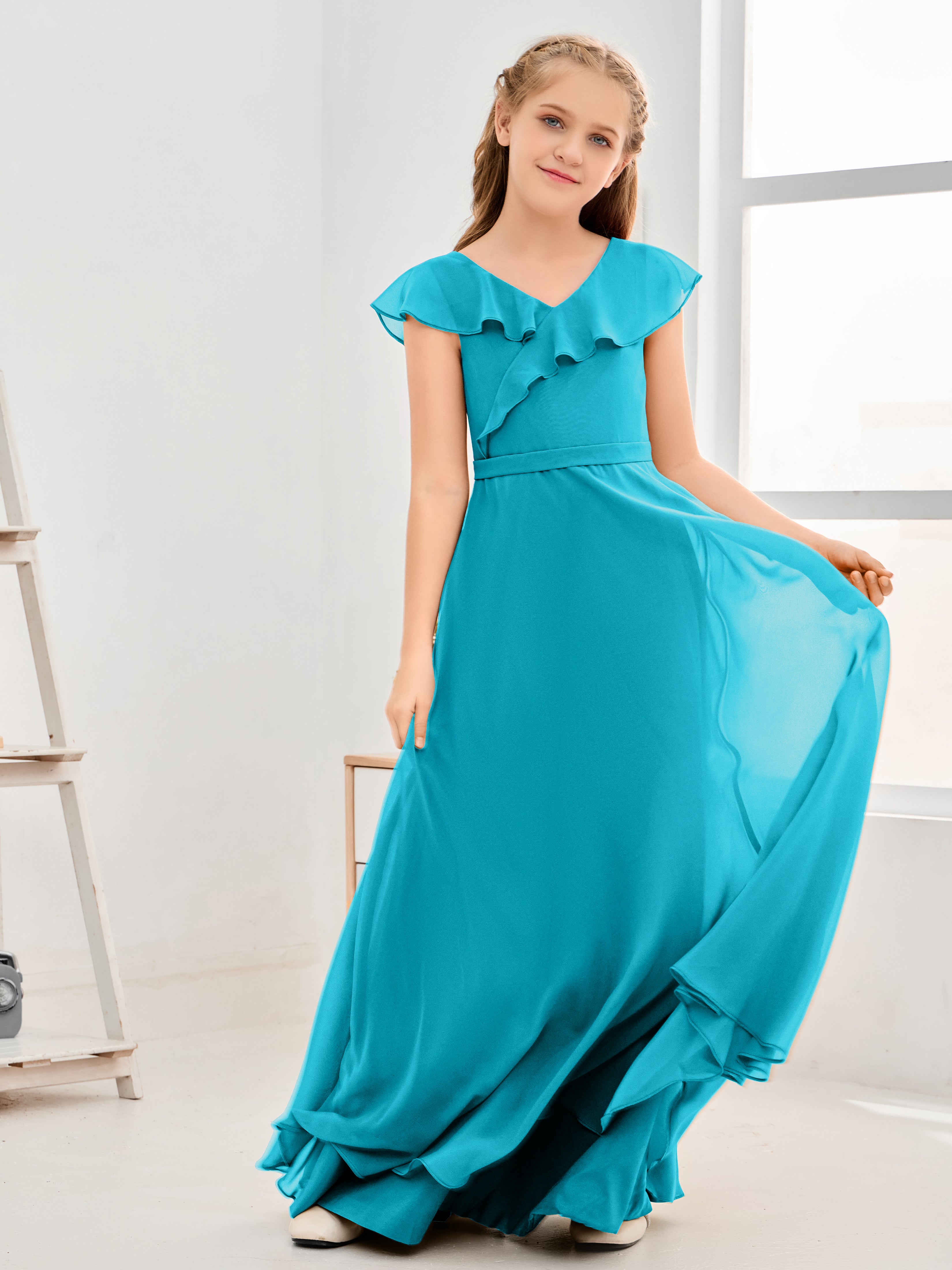 V Neck Ruffles Chiffon Junior Bridesmaid Dresses