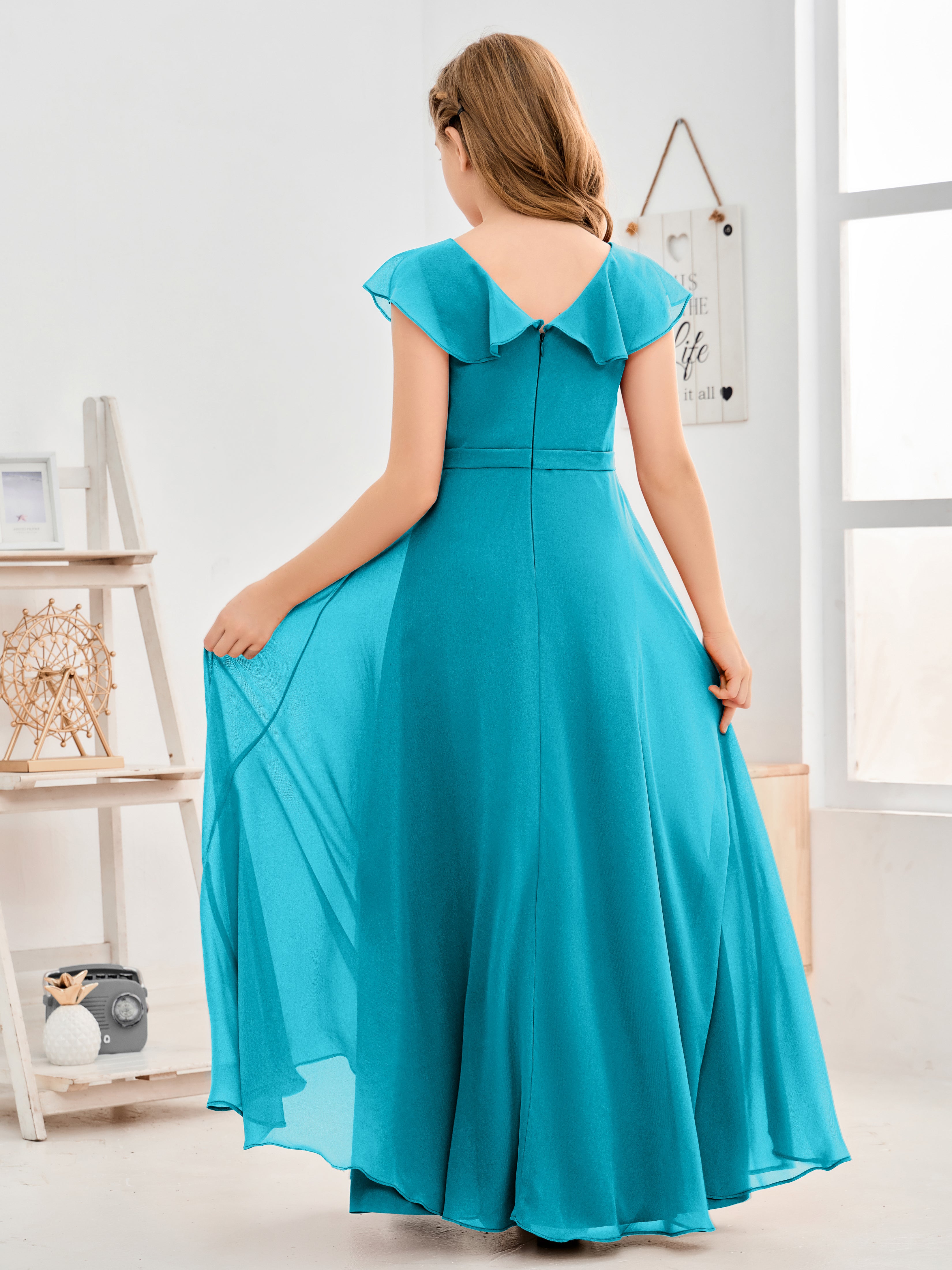 V Neck Ruffles Chiffon Junior Bridesmaid Dresses