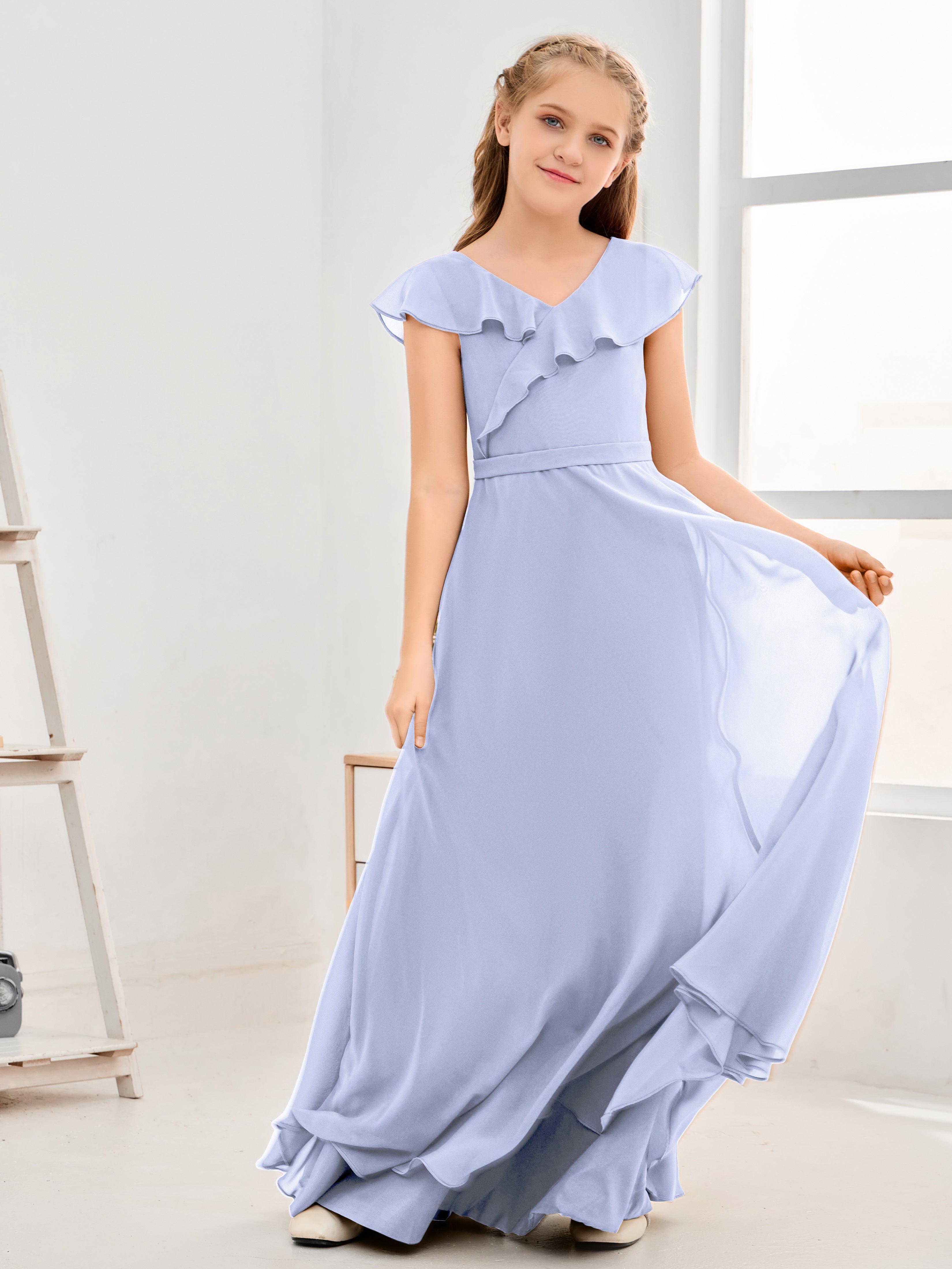 V Neck Ruffles Chiffon Junior Bridesmaid Dresses