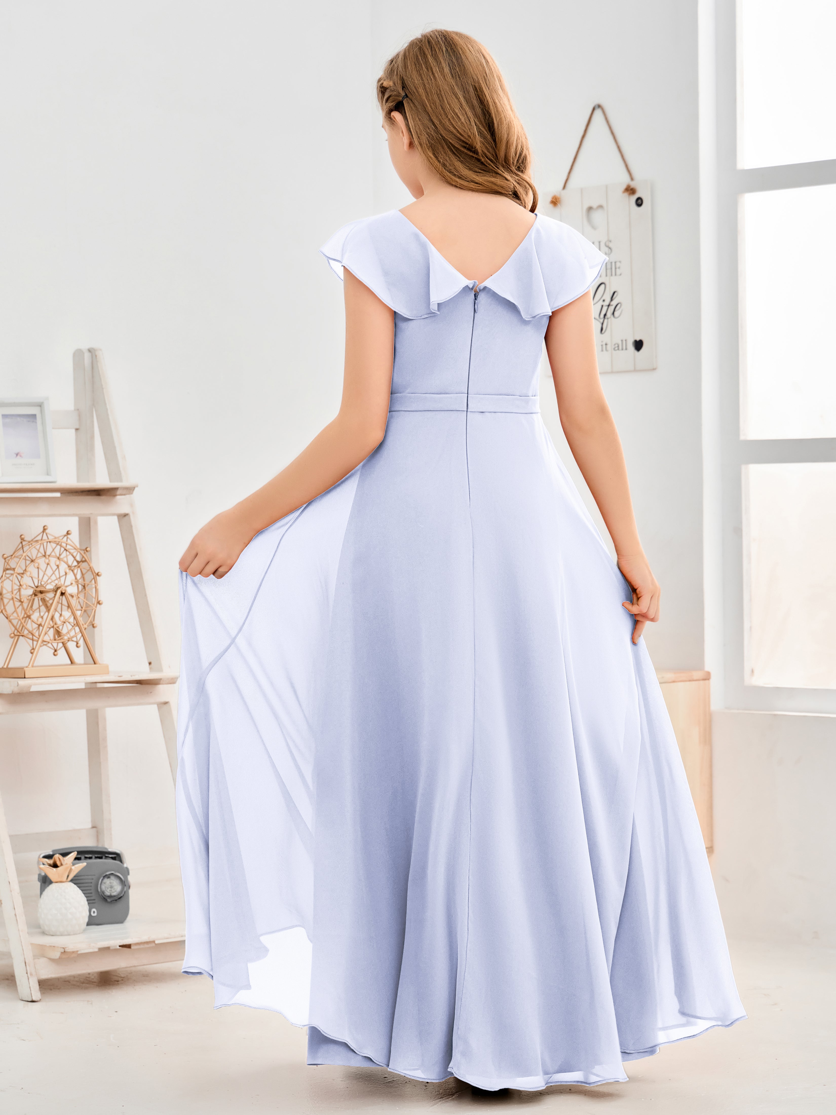 V Neck Ruffles Chiffon Junior Bridesmaid Dresses