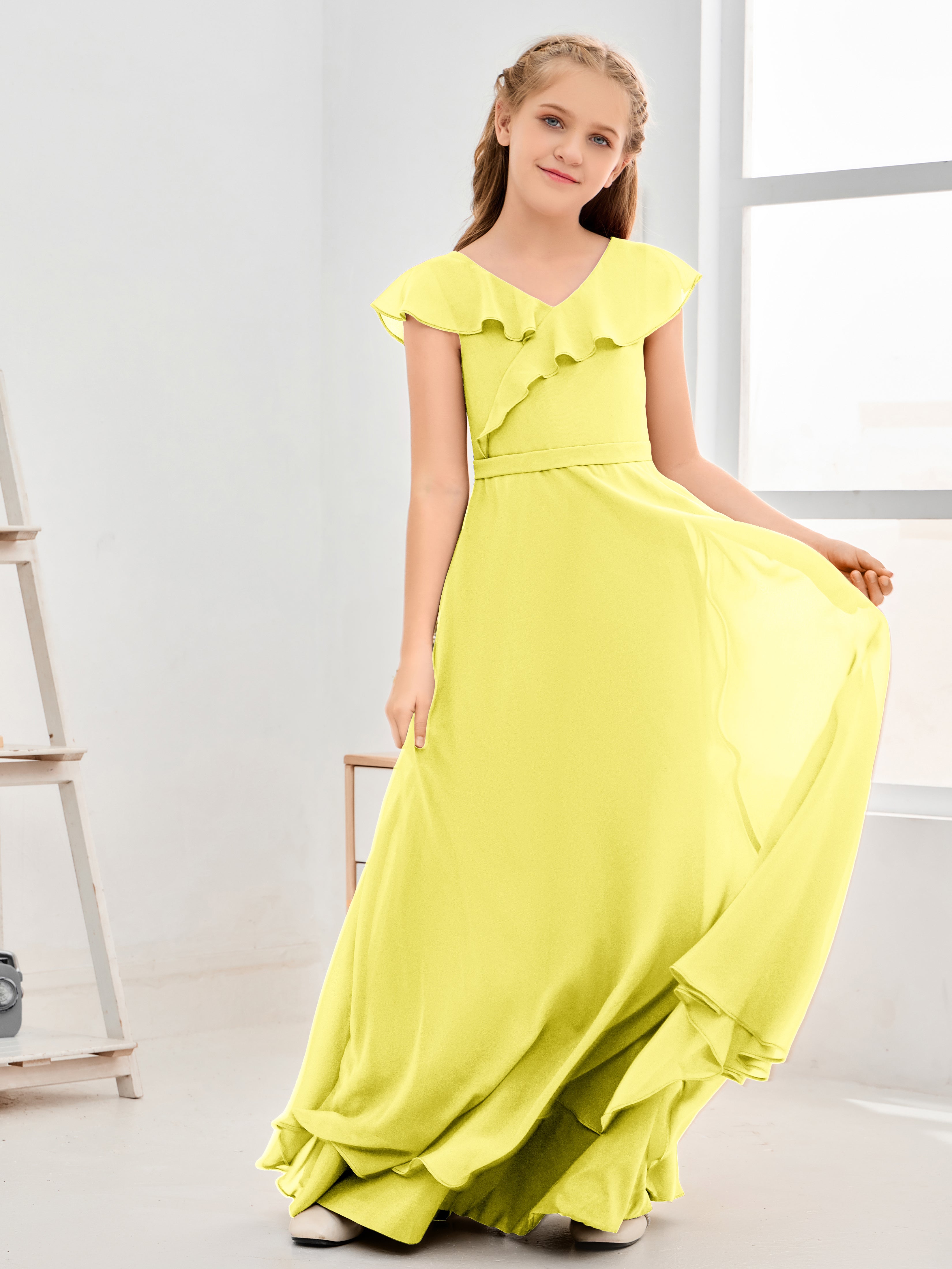 V Neck Ruffles Chiffon Junior Bridesmaid Dresses