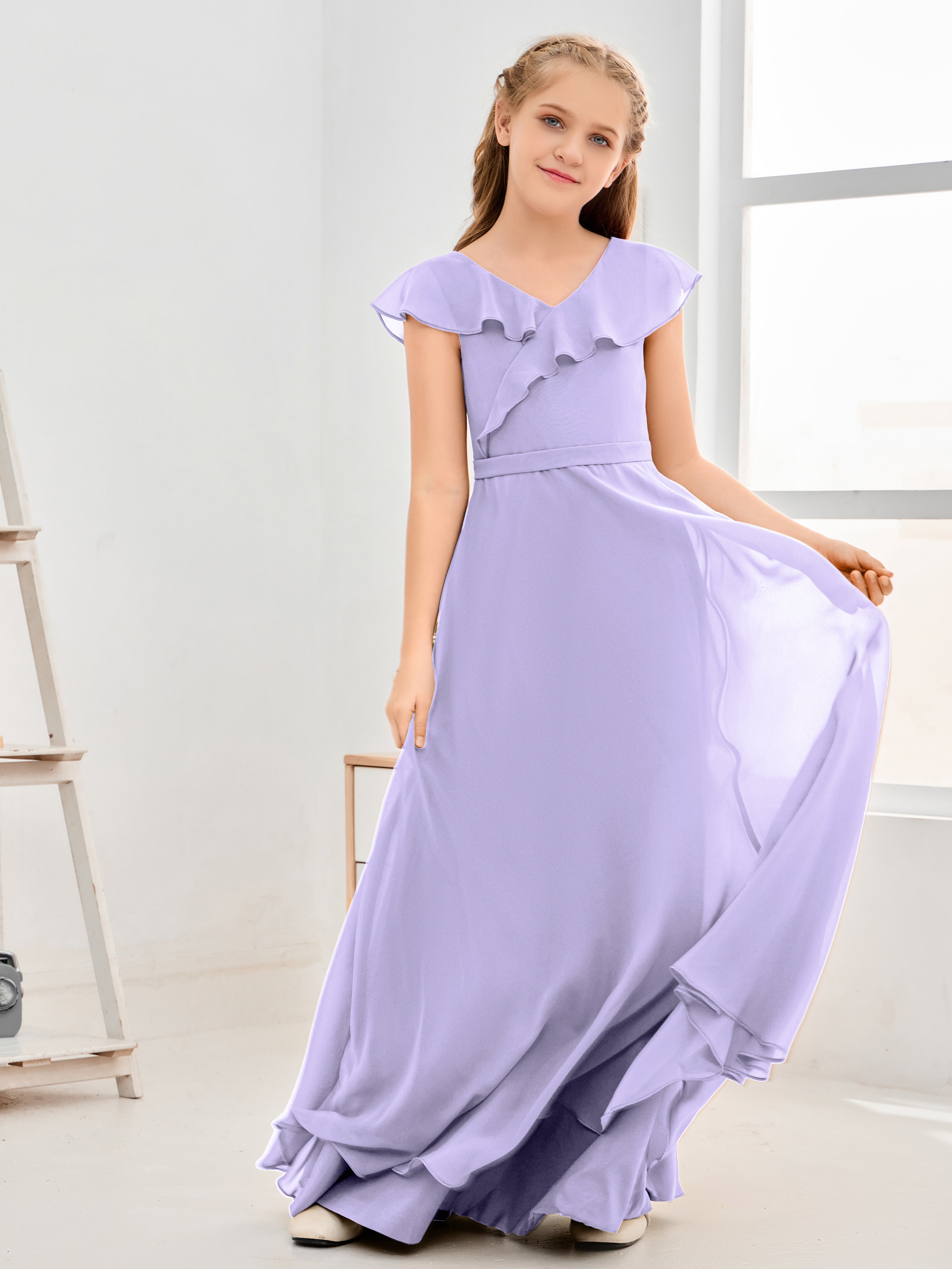 V Neck Ruffles Chiffon Junior Bridesmaid Dresses
