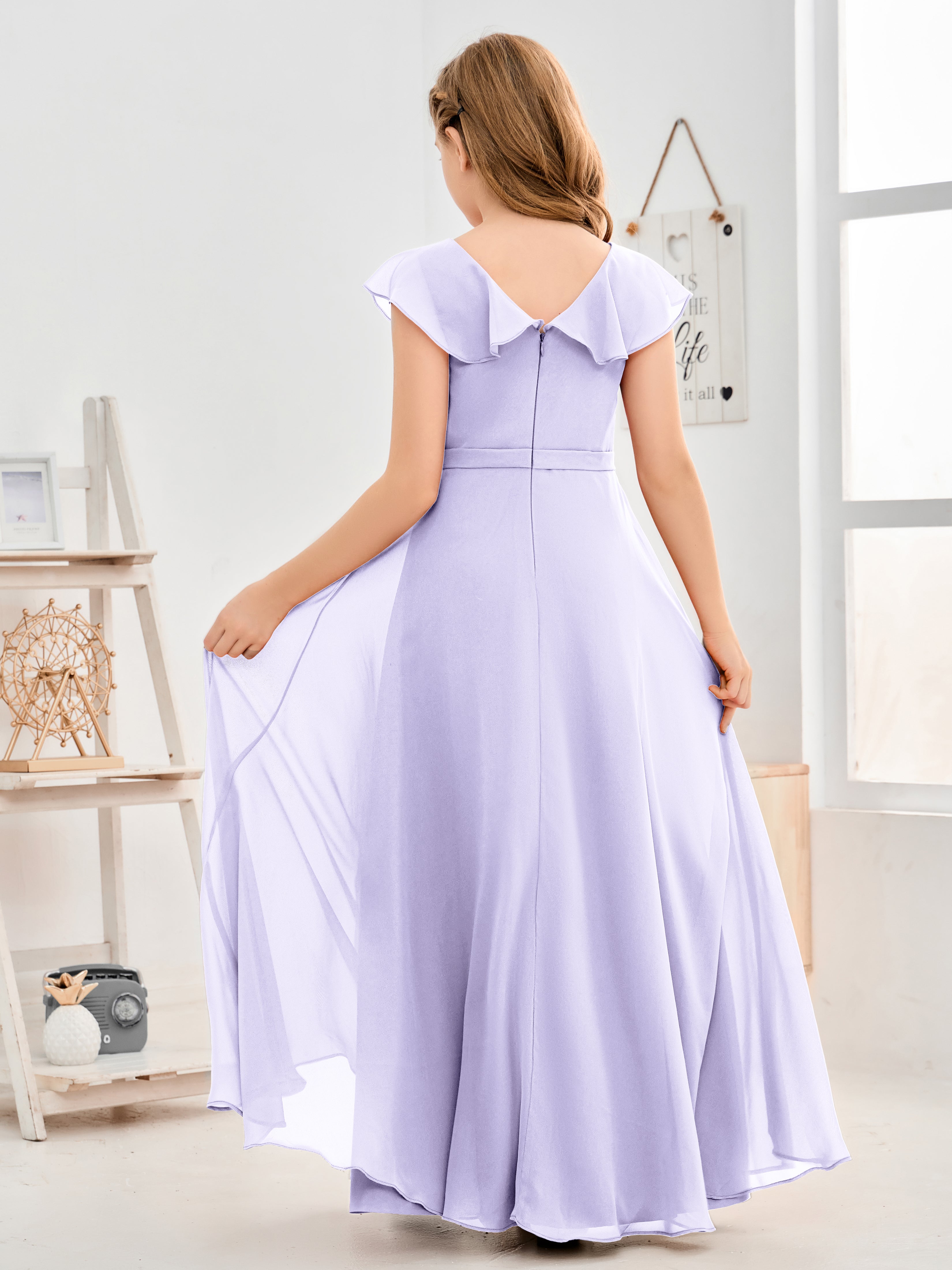 V Neck Ruffles Chiffon Junior Bridesmaid Dresses
