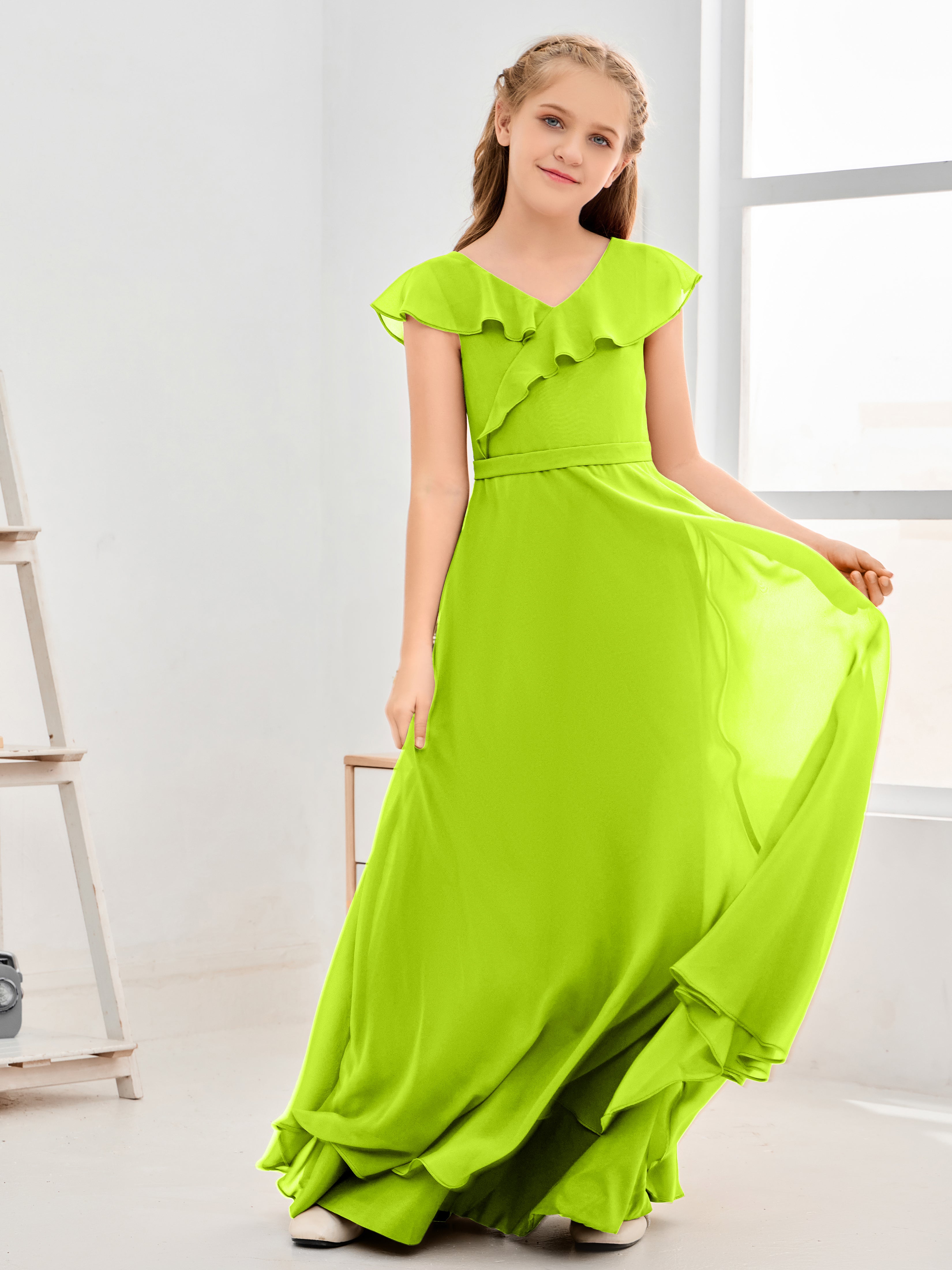 V Neck Ruffles Chiffon Junior Bridesmaid Dresses