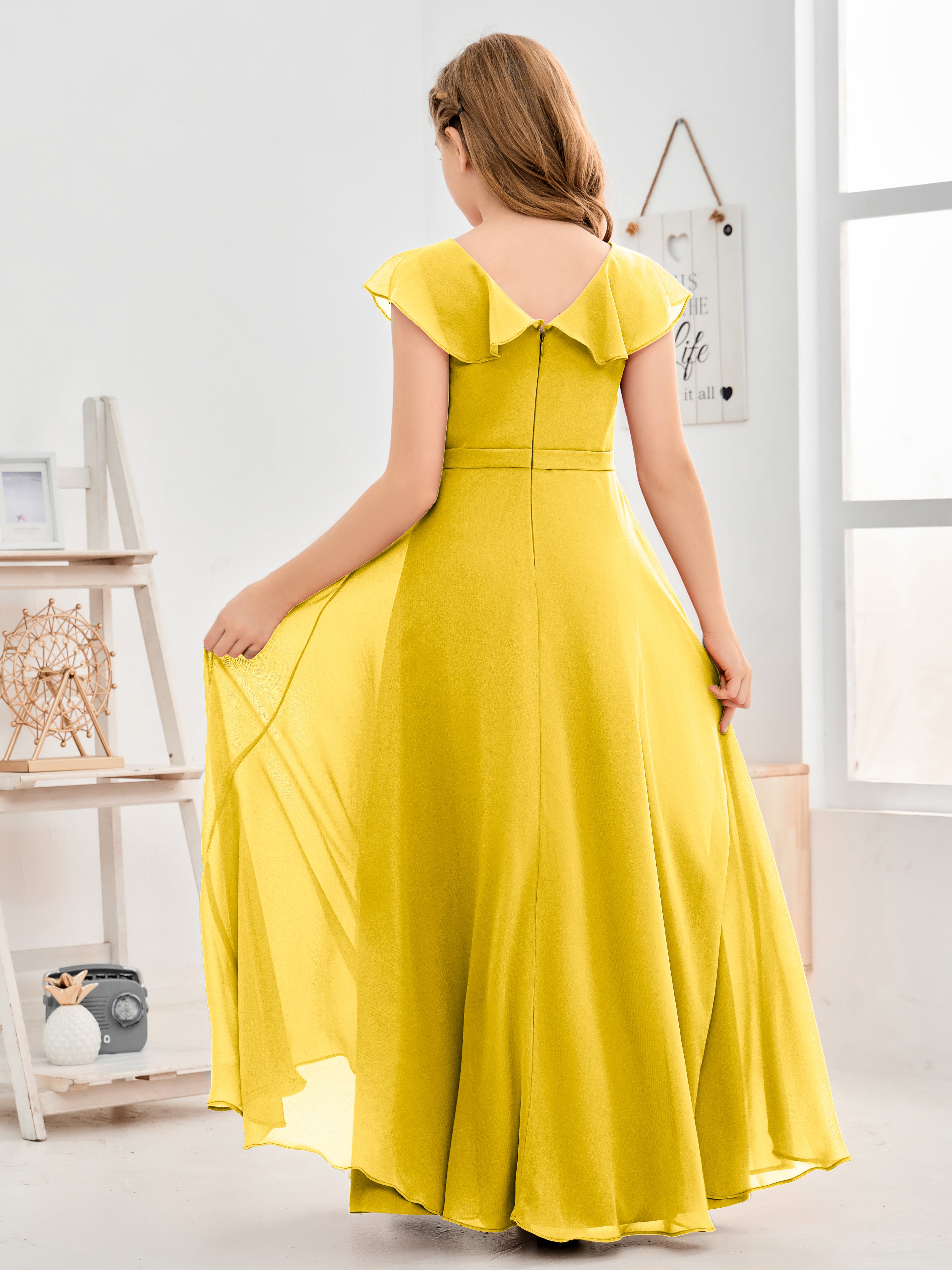 V Neck Ruffles Chiffon Junior Bridesmaid Dresses