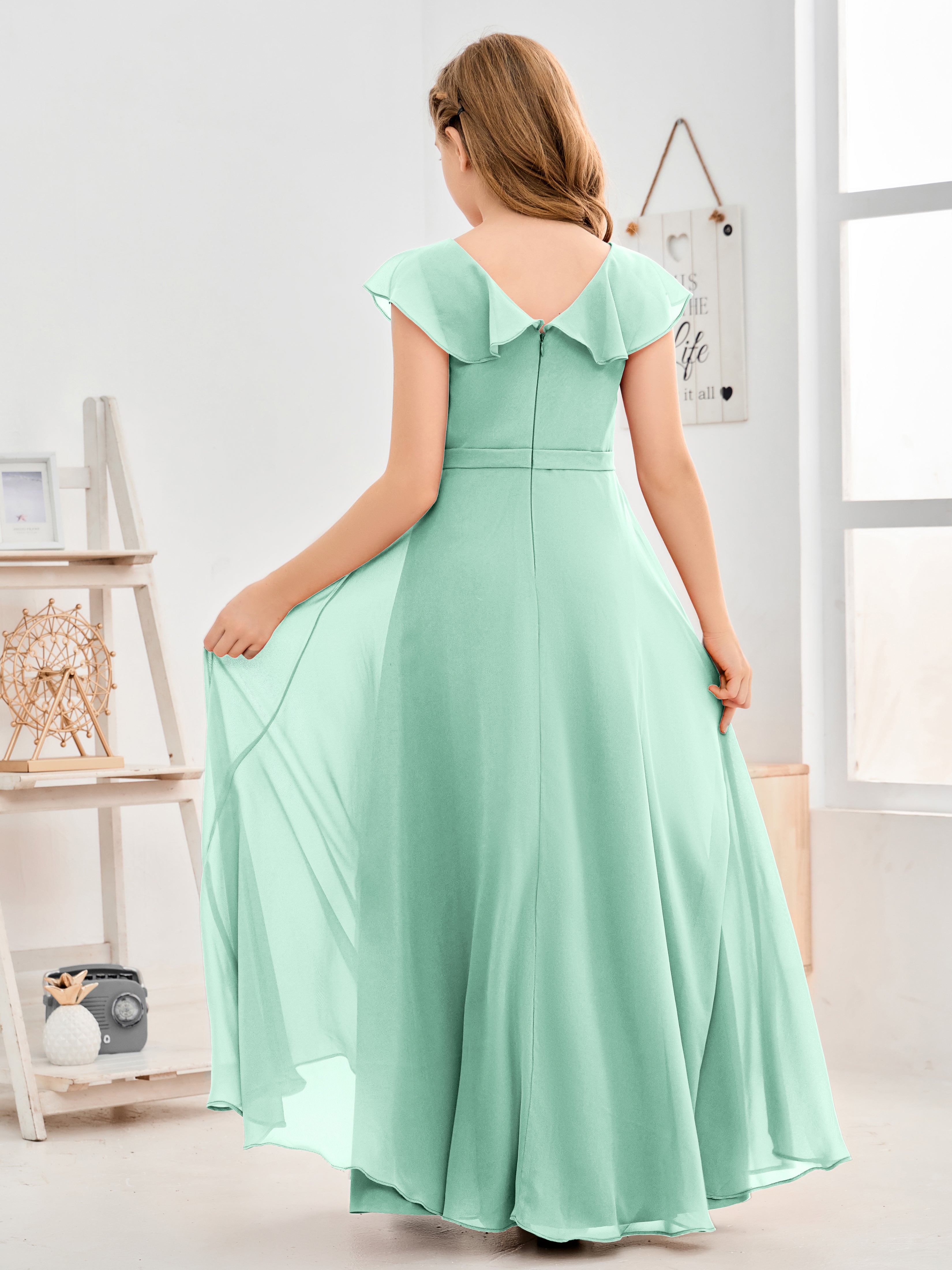 V Neck Ruffles Chiffon Junior Bridesmaid Dresses