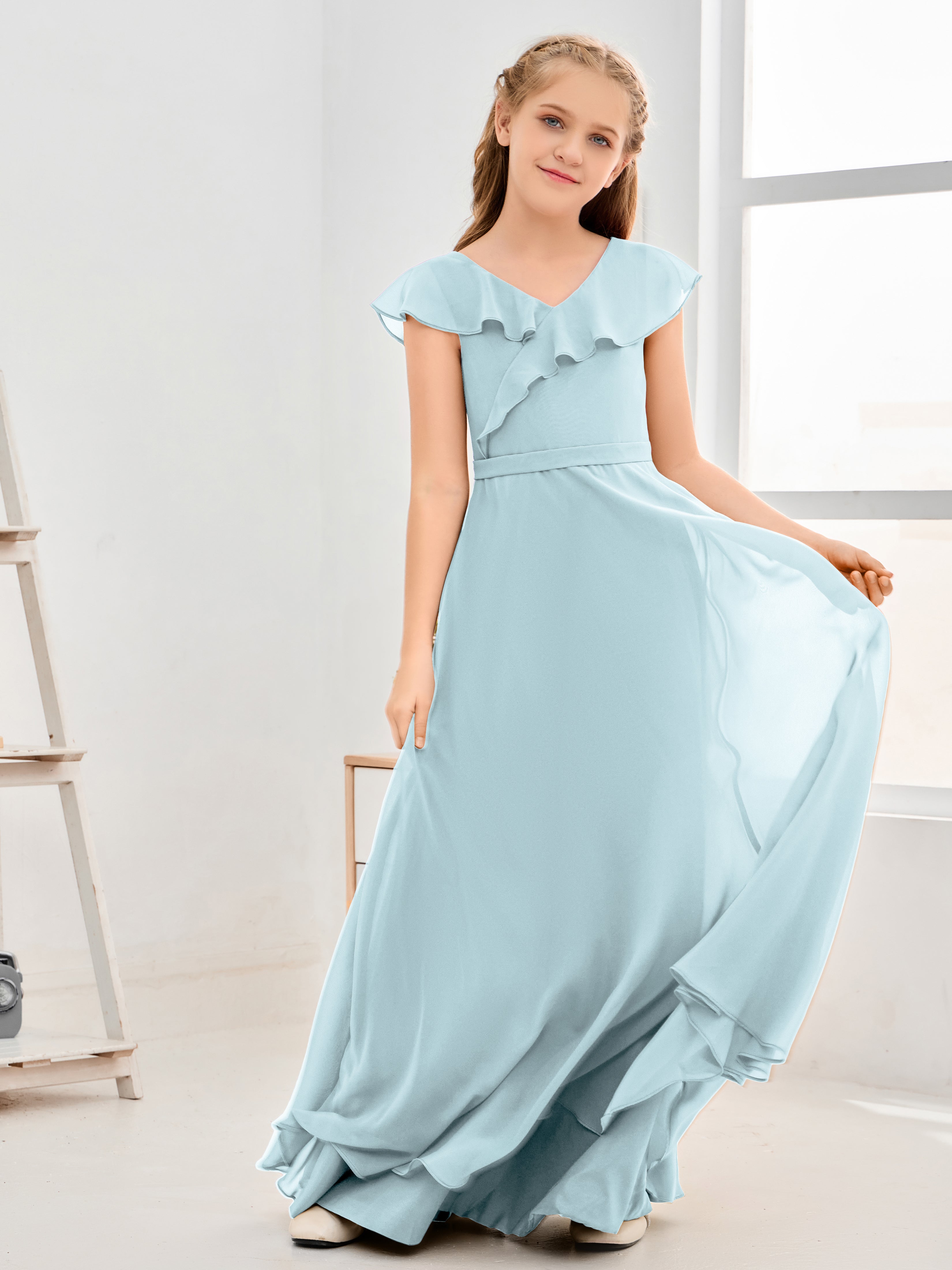 V Neck Ruffles Chiffon Junior Bridesmaid Dresses