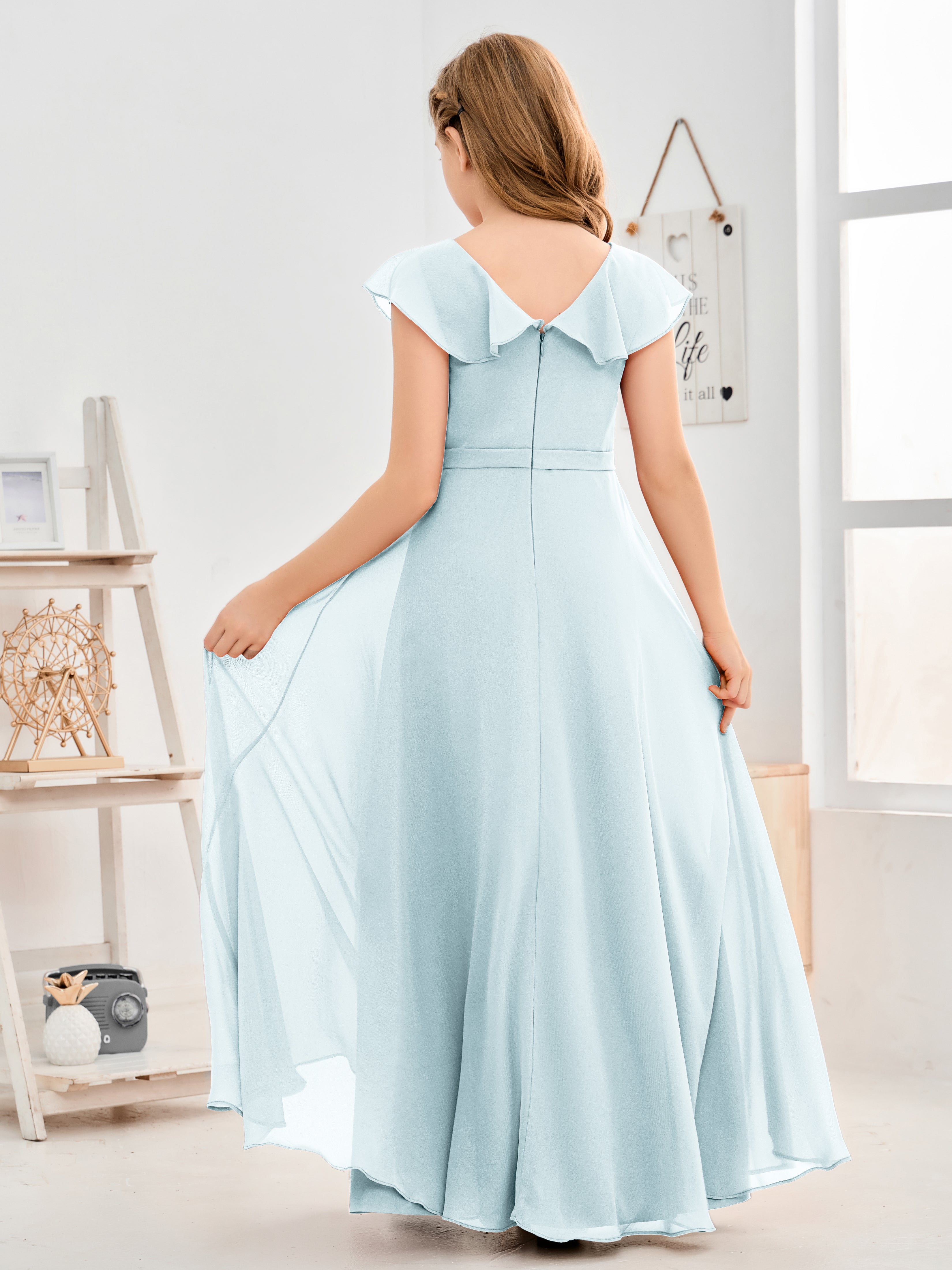 V Neck Ruffles Chiffon Junior Bridesmaid Dresses