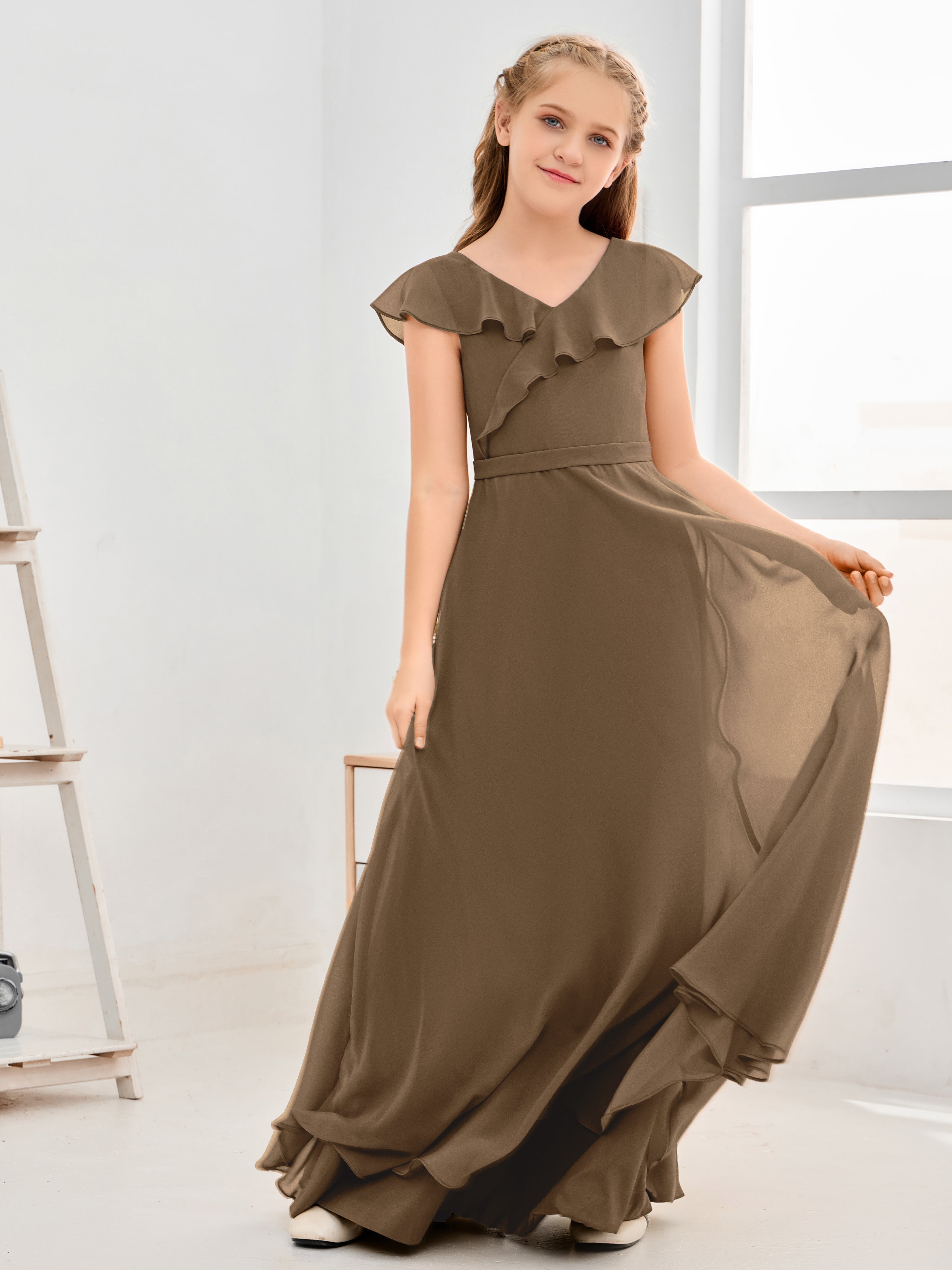 V Neck Ruffles Chiffon Junior Bridesmaid Dresses