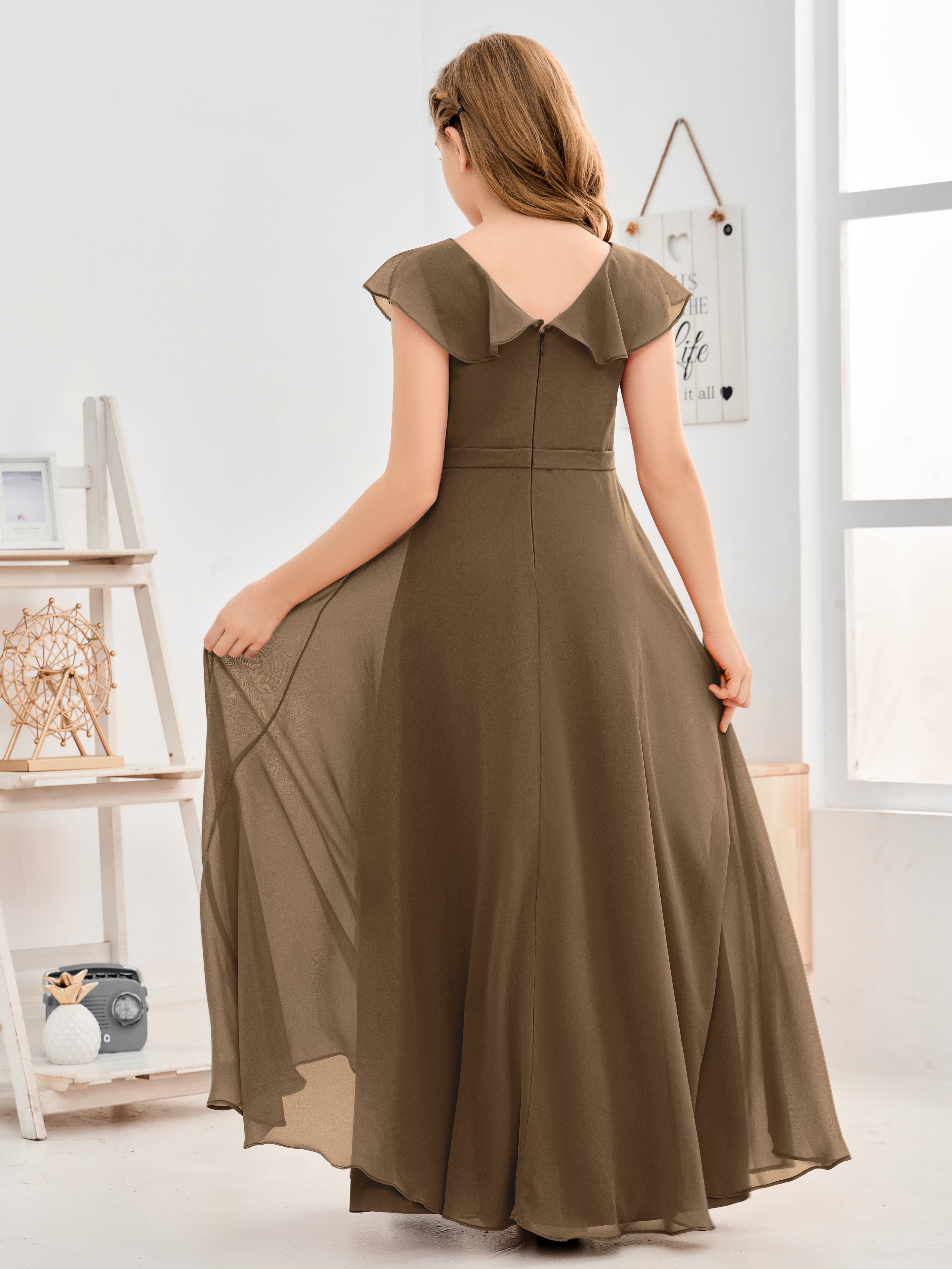 V Neck Ruffles Chiffon Junior Bridesmaid Dresses
