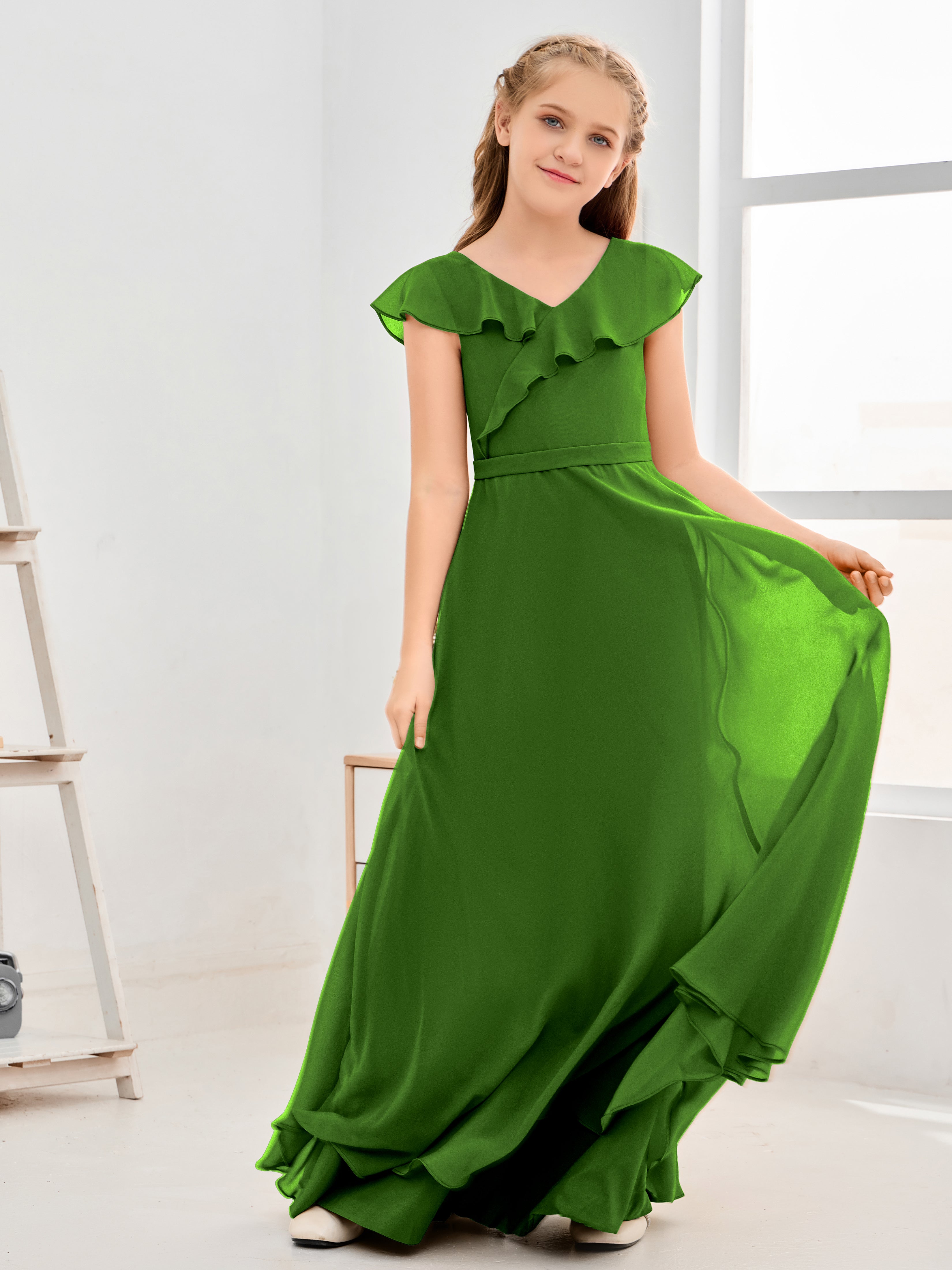 V Neck Ruffles Chiffon Junior Bridesmaid Dresses