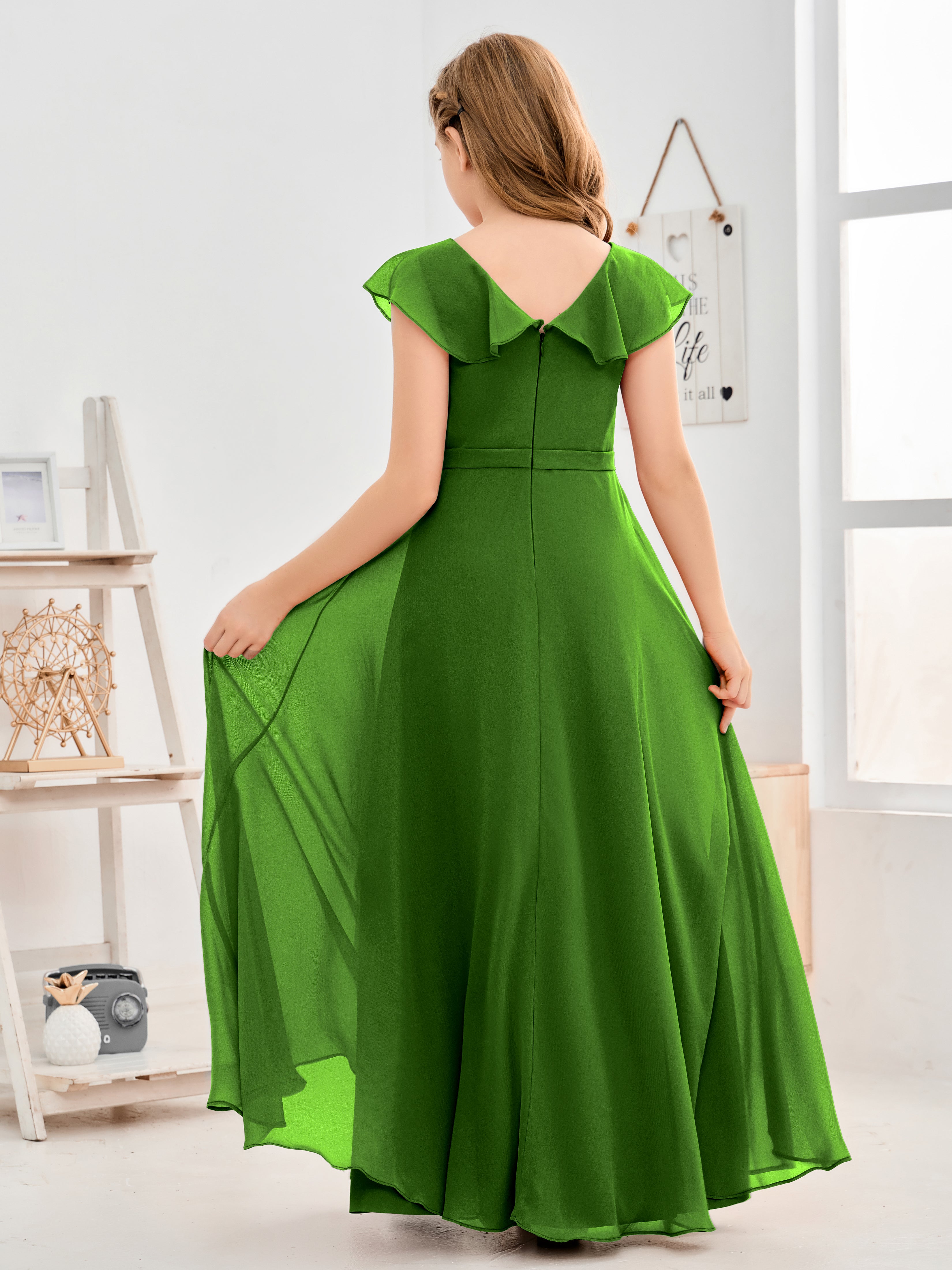 V Neck Ruffles Chiffon Junior Bridesmaid Dresses