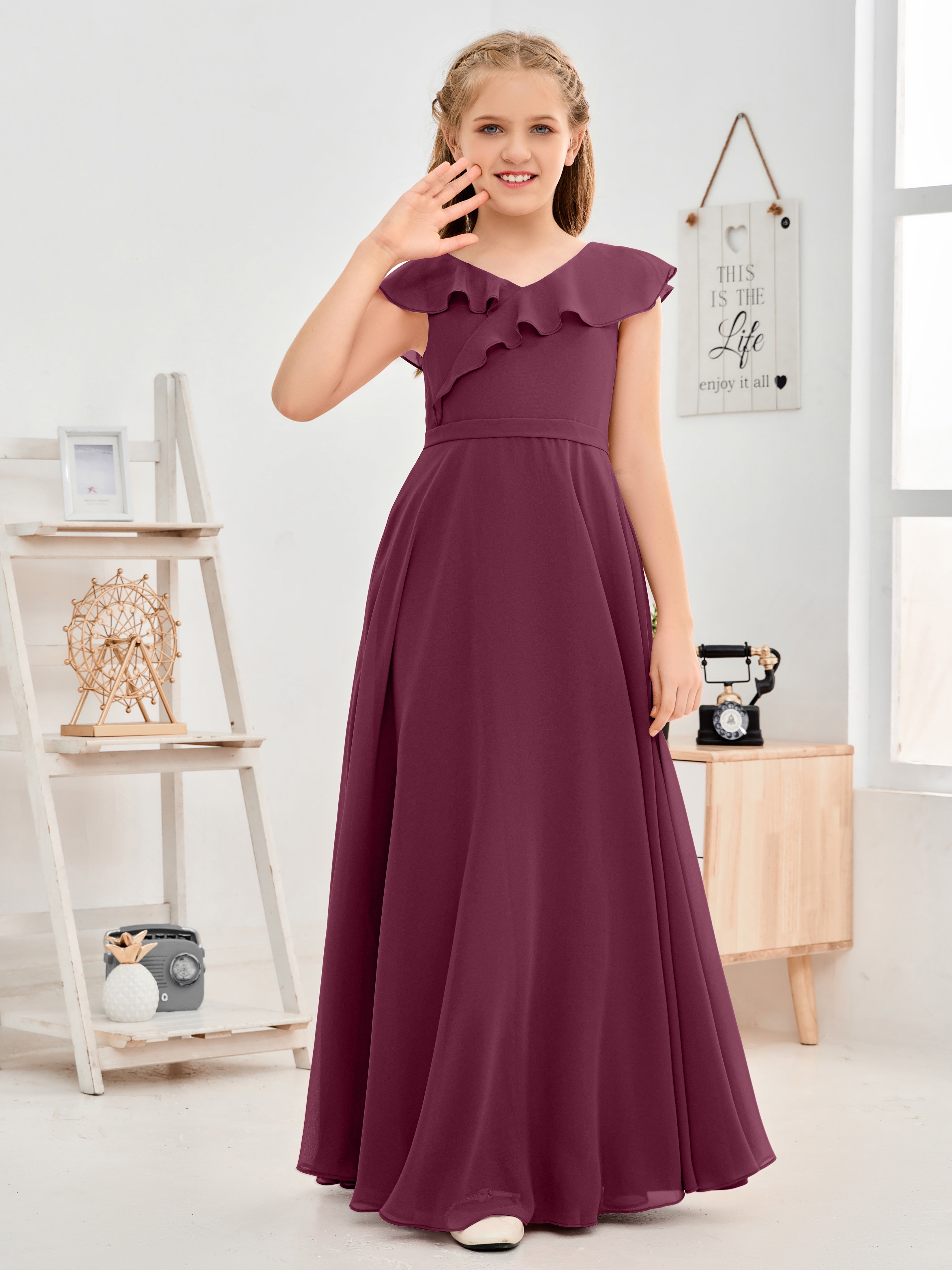 V Neck Ruffles Chiffon Junior Bridesmaid Dresses
