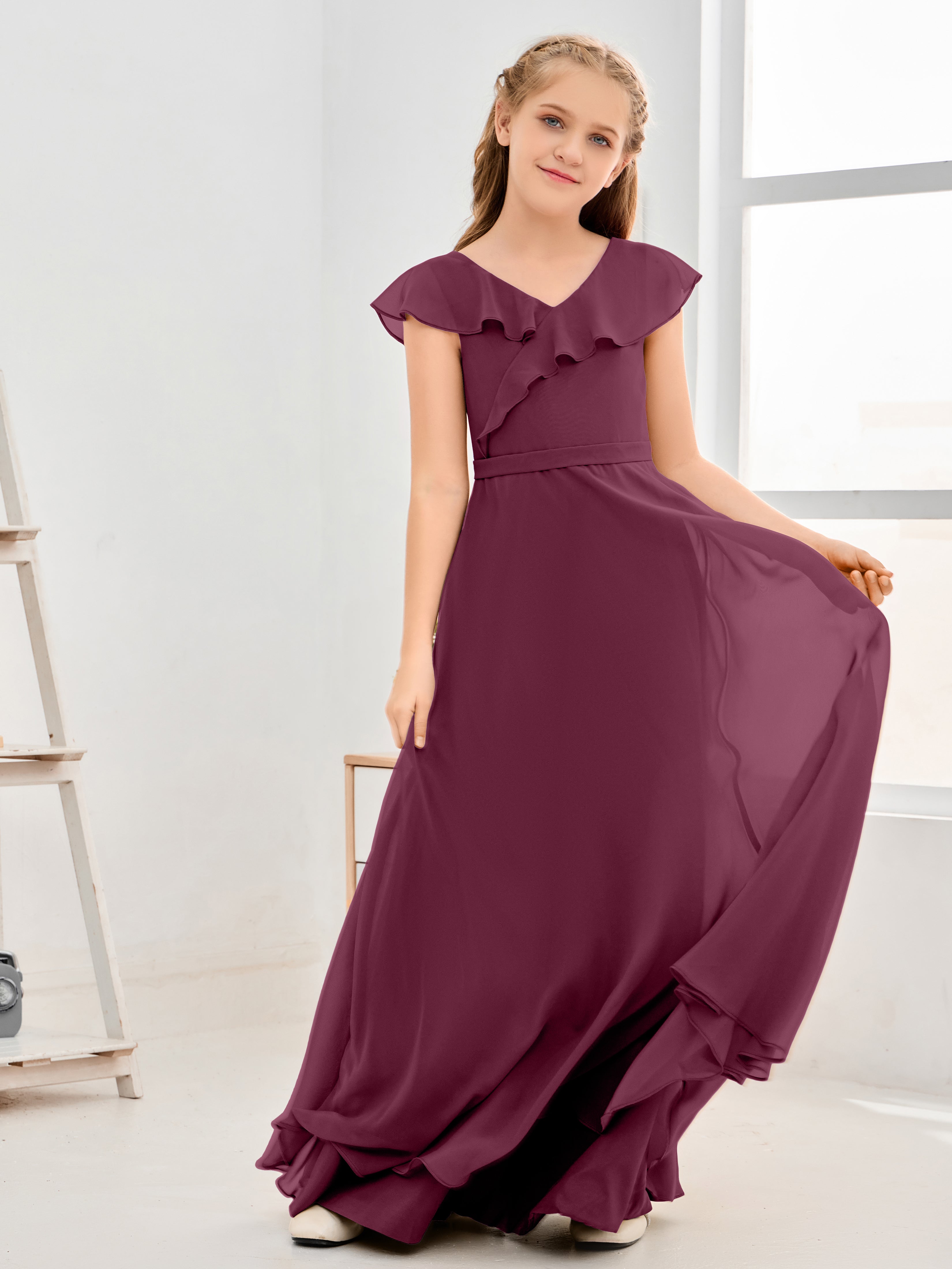 V Neck Ruffles Chiffon Junior Bridesmaid Dresses