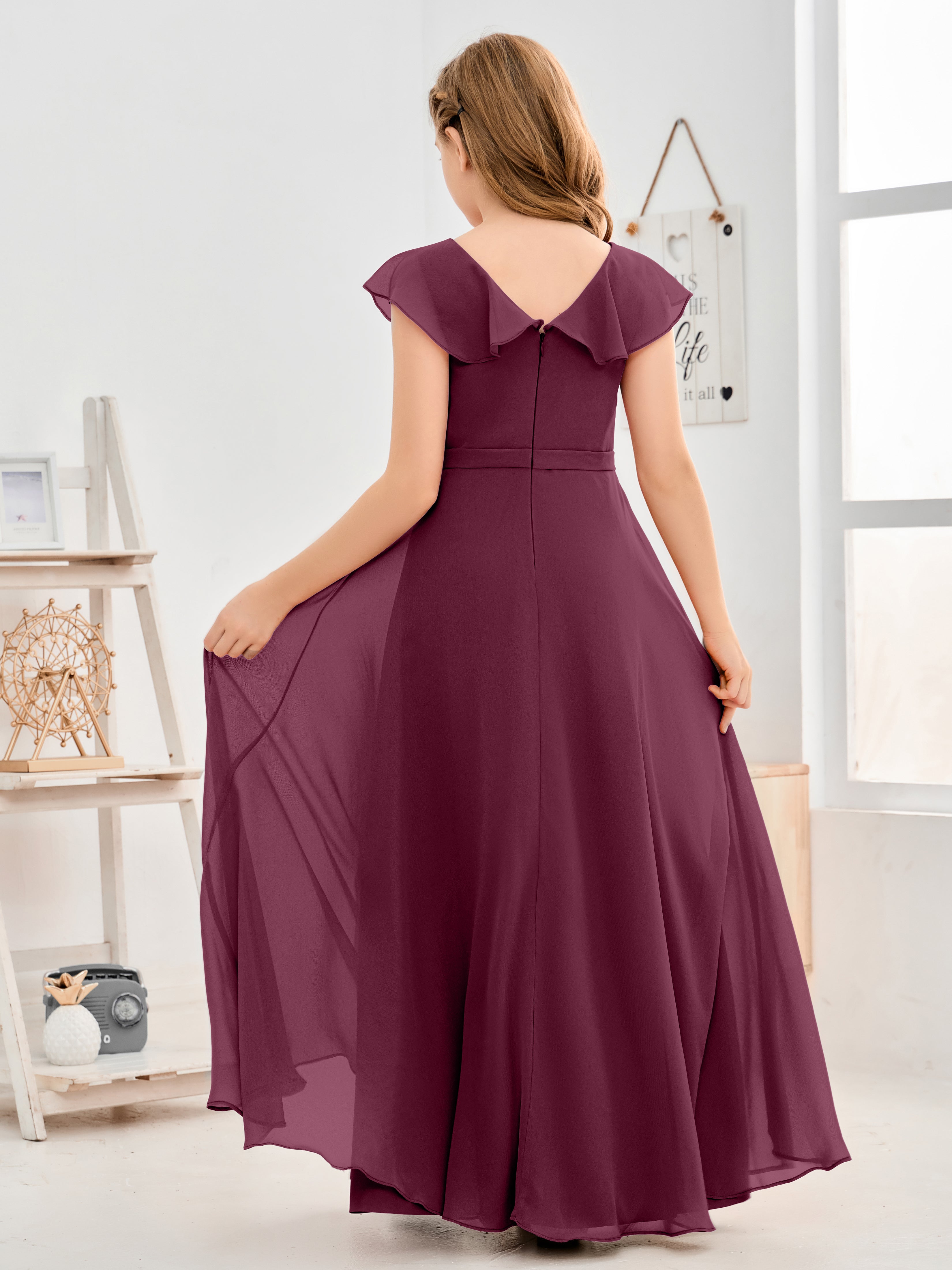 V Neck Ruffles Chiffon Junior Bridesmaid Dresses