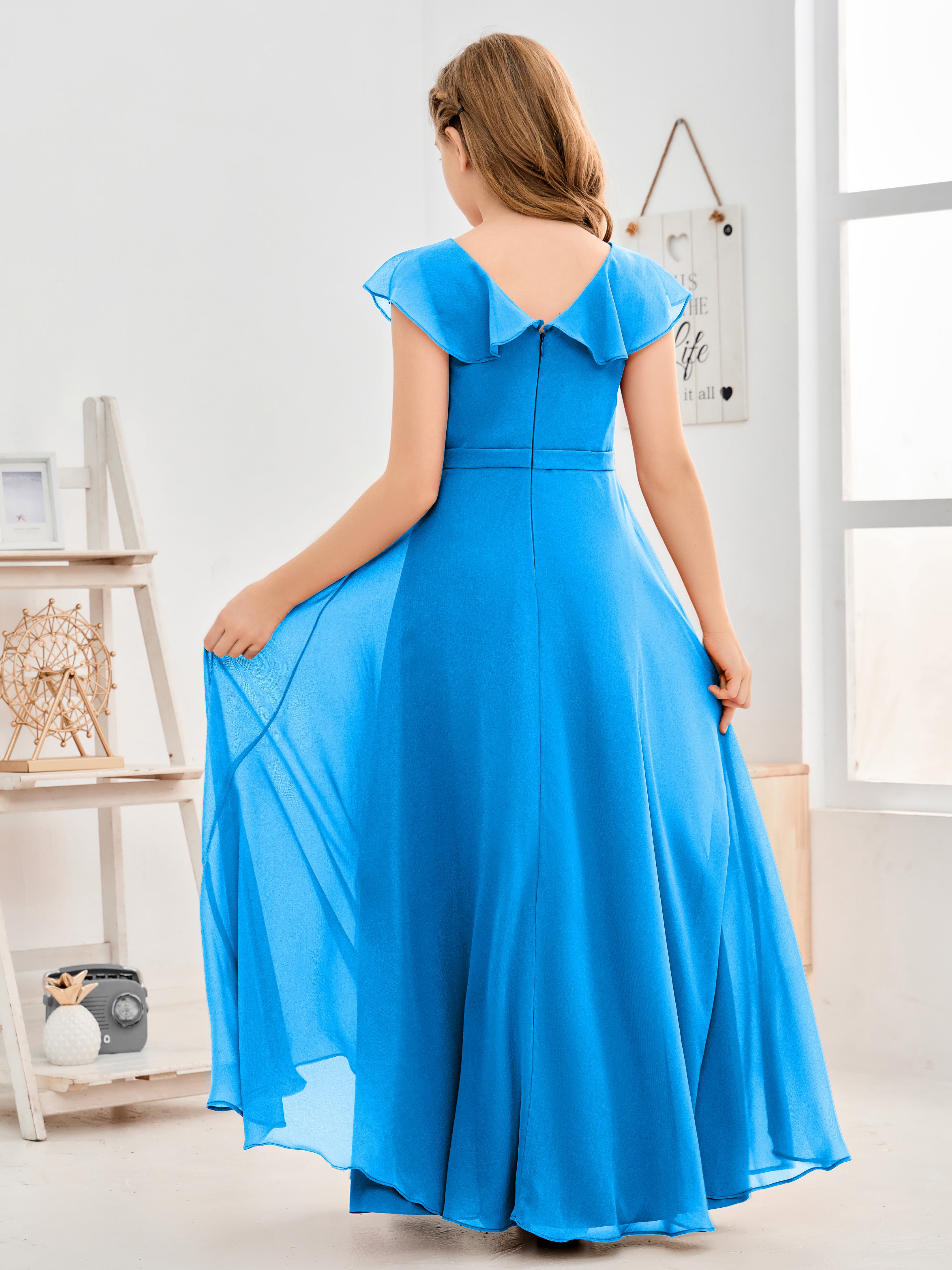 V Neck Ruffles Chiffon Junior Bridesmaid Dresses
