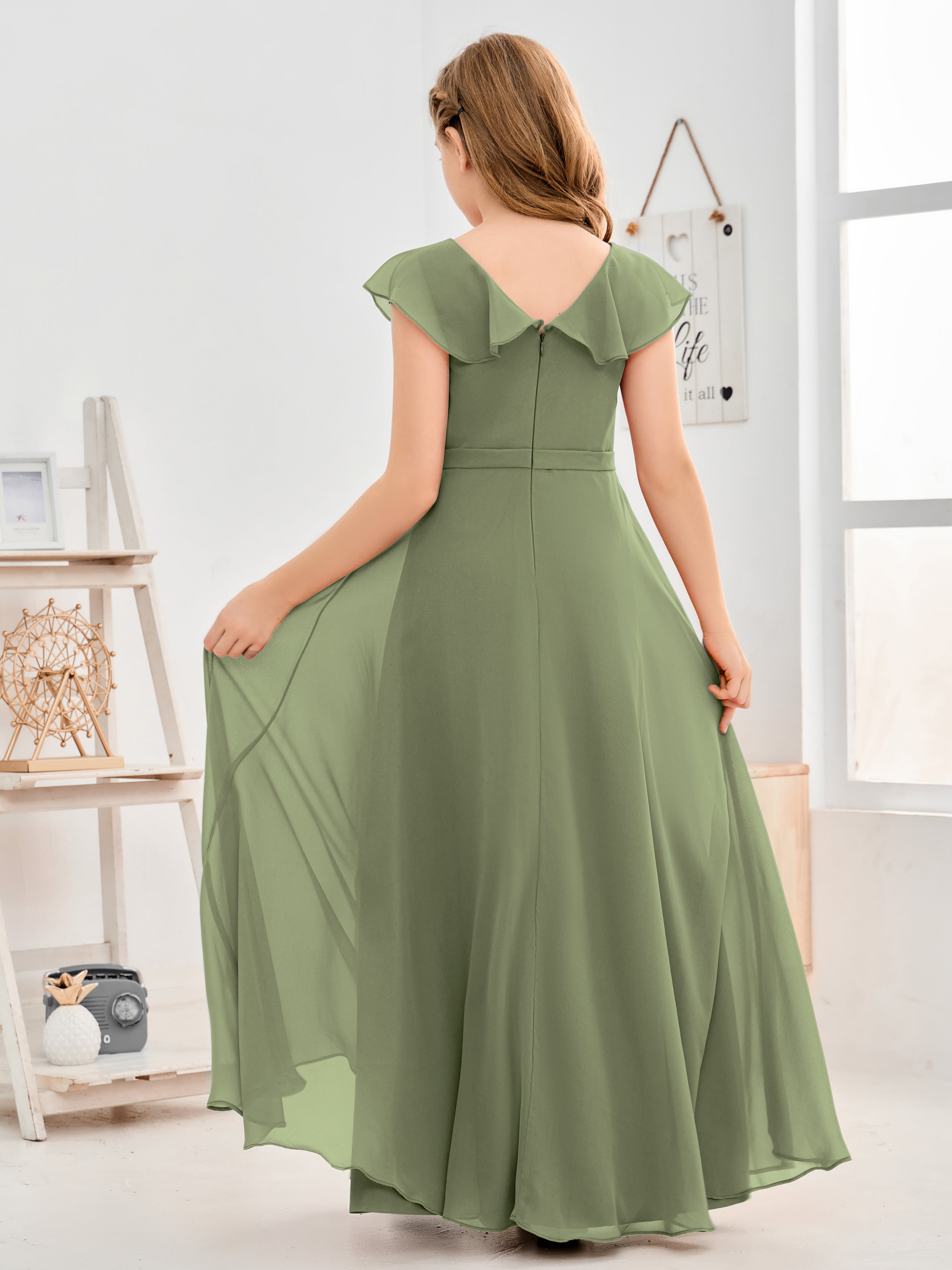 V Neck Ruffles Chiffon Junior Bridesmaid Dresses
