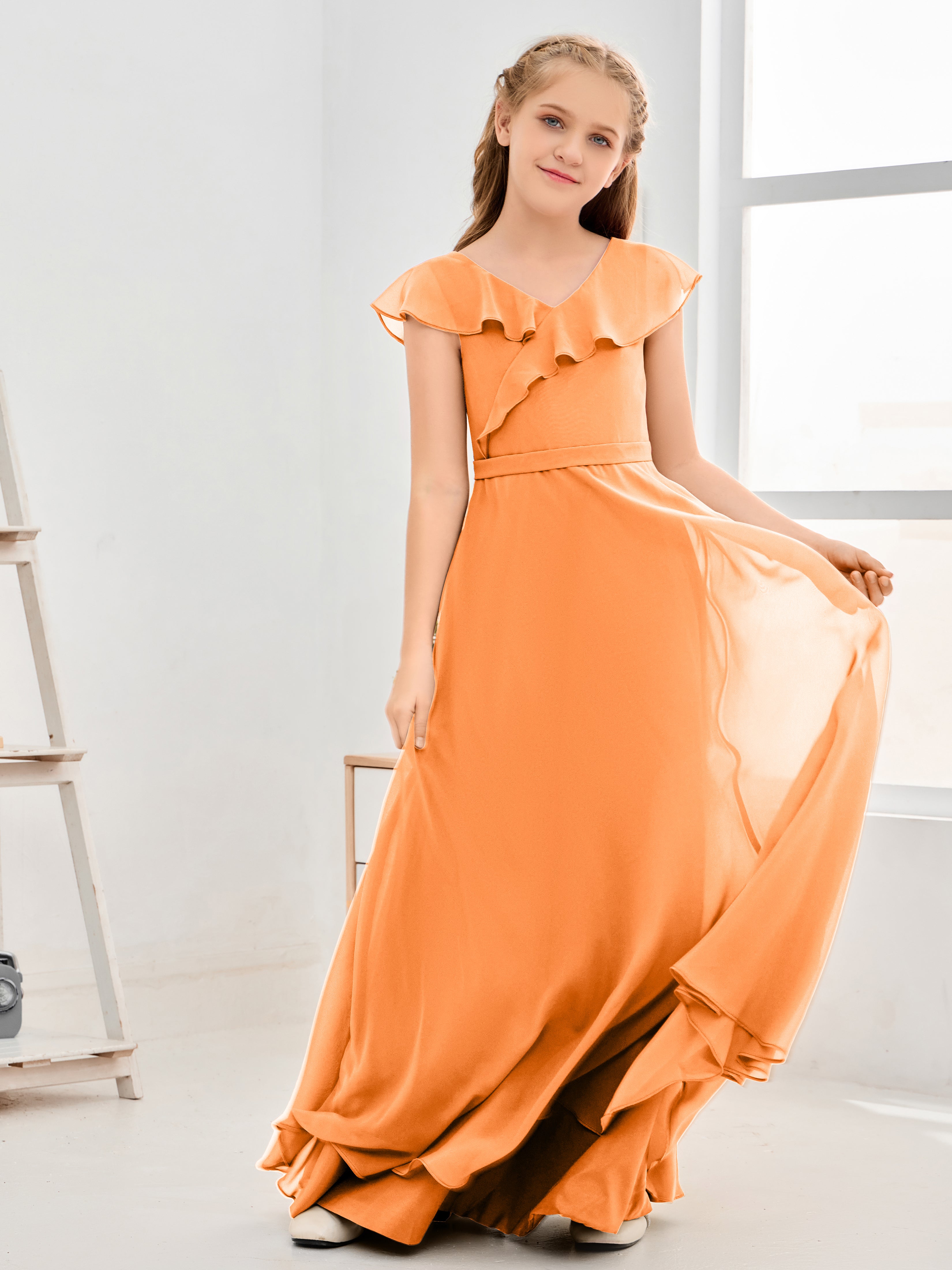 V Neck Ruffles Chiffon Junior Bridesmaid Dresses