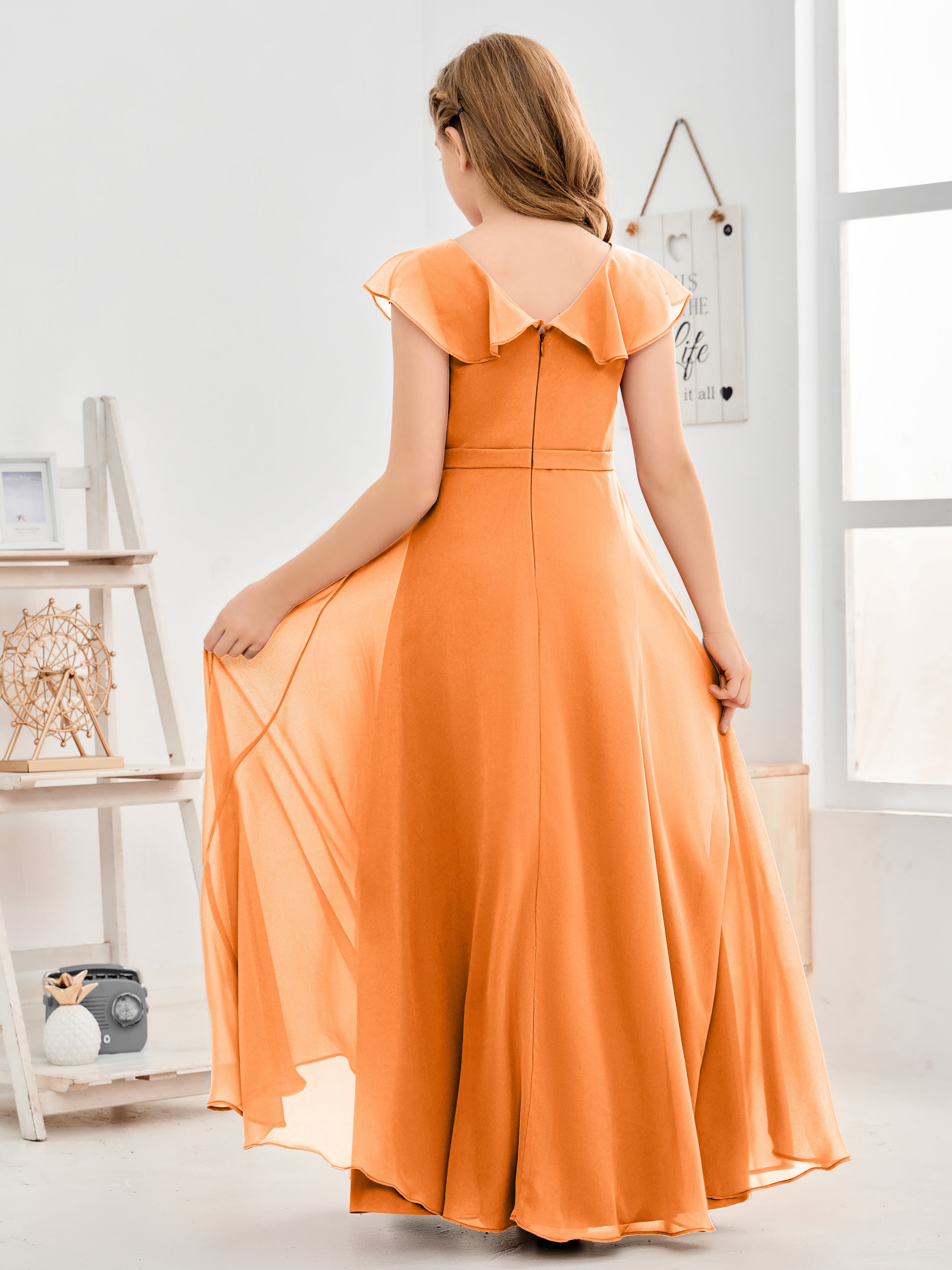 V Neck Ruffles Chiffon Junior Bridesmaid Dresses