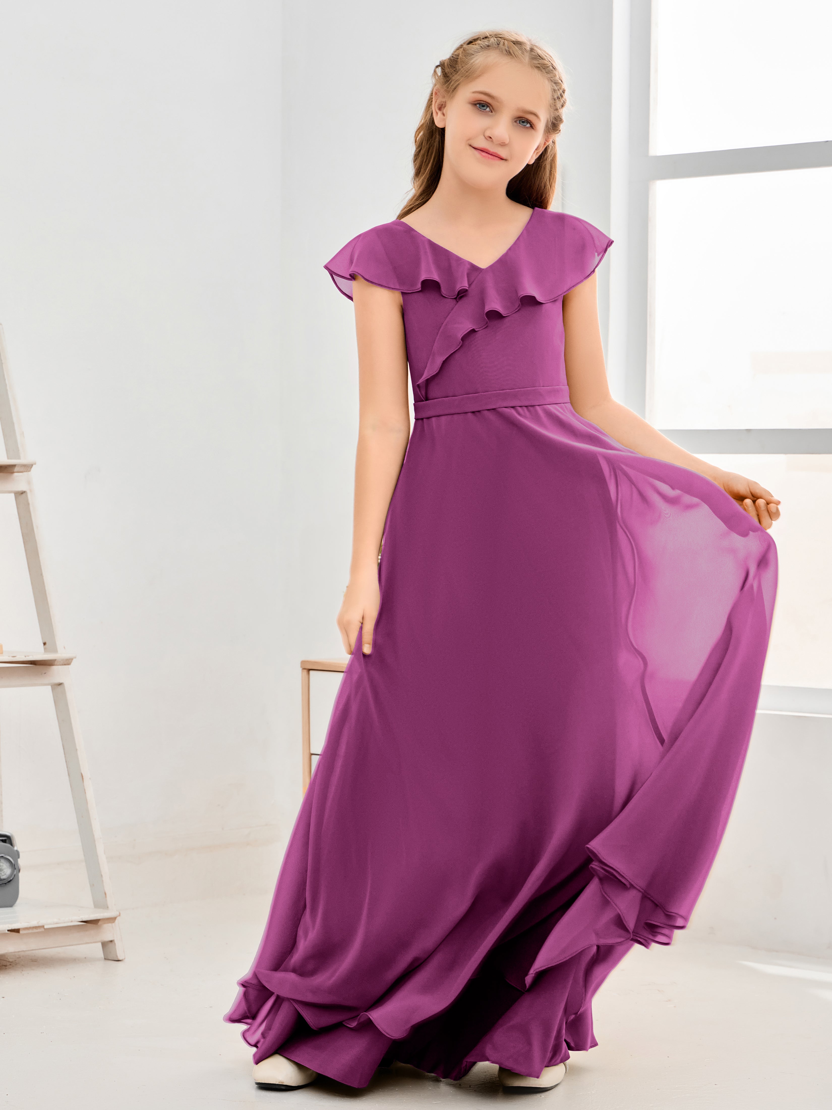 V Neck Ruffles Chiffon Junior Bridesmaid Dresses