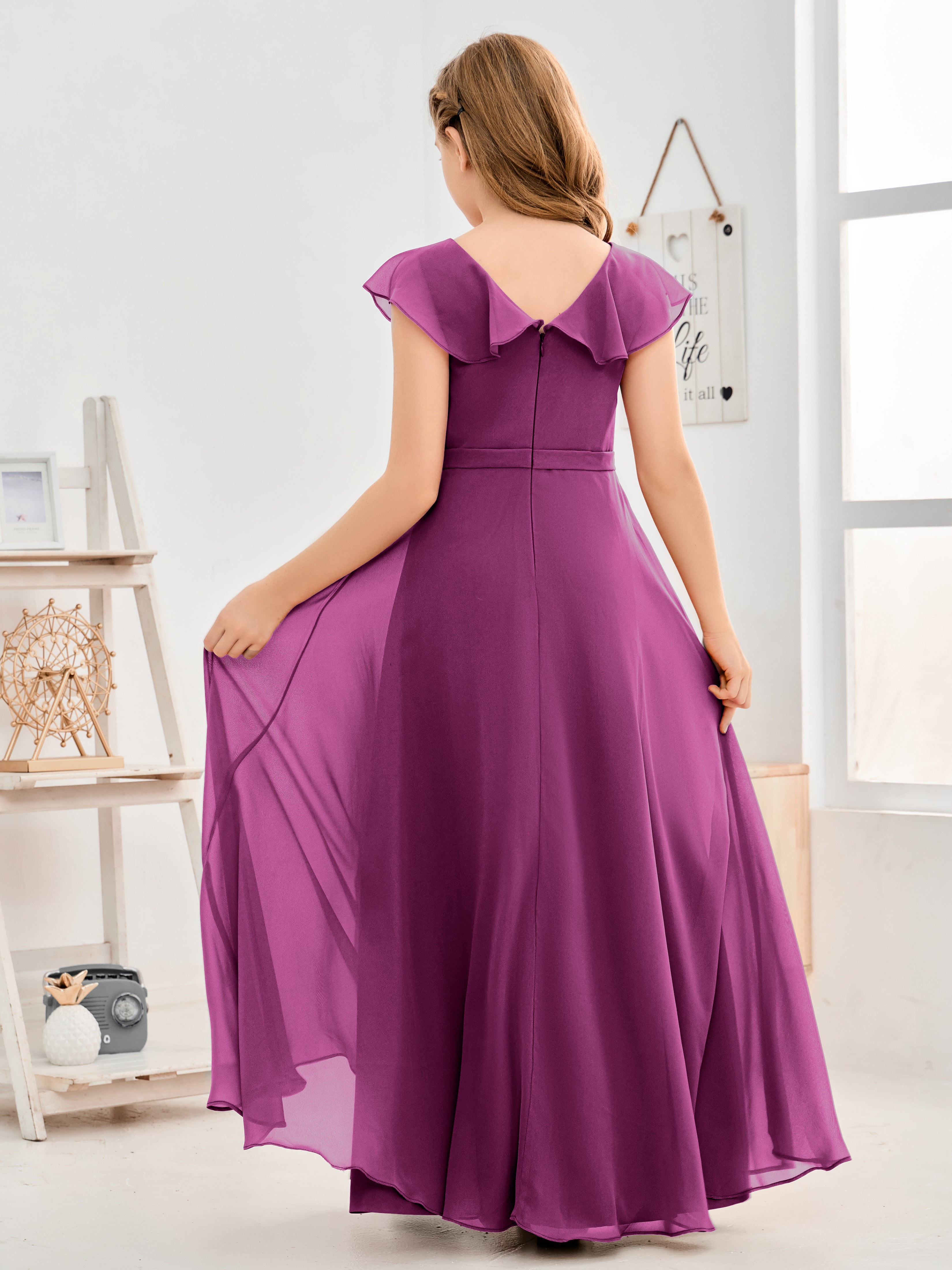 V Neck Ruffles Chiffon Junior Bridesmaid Dresses