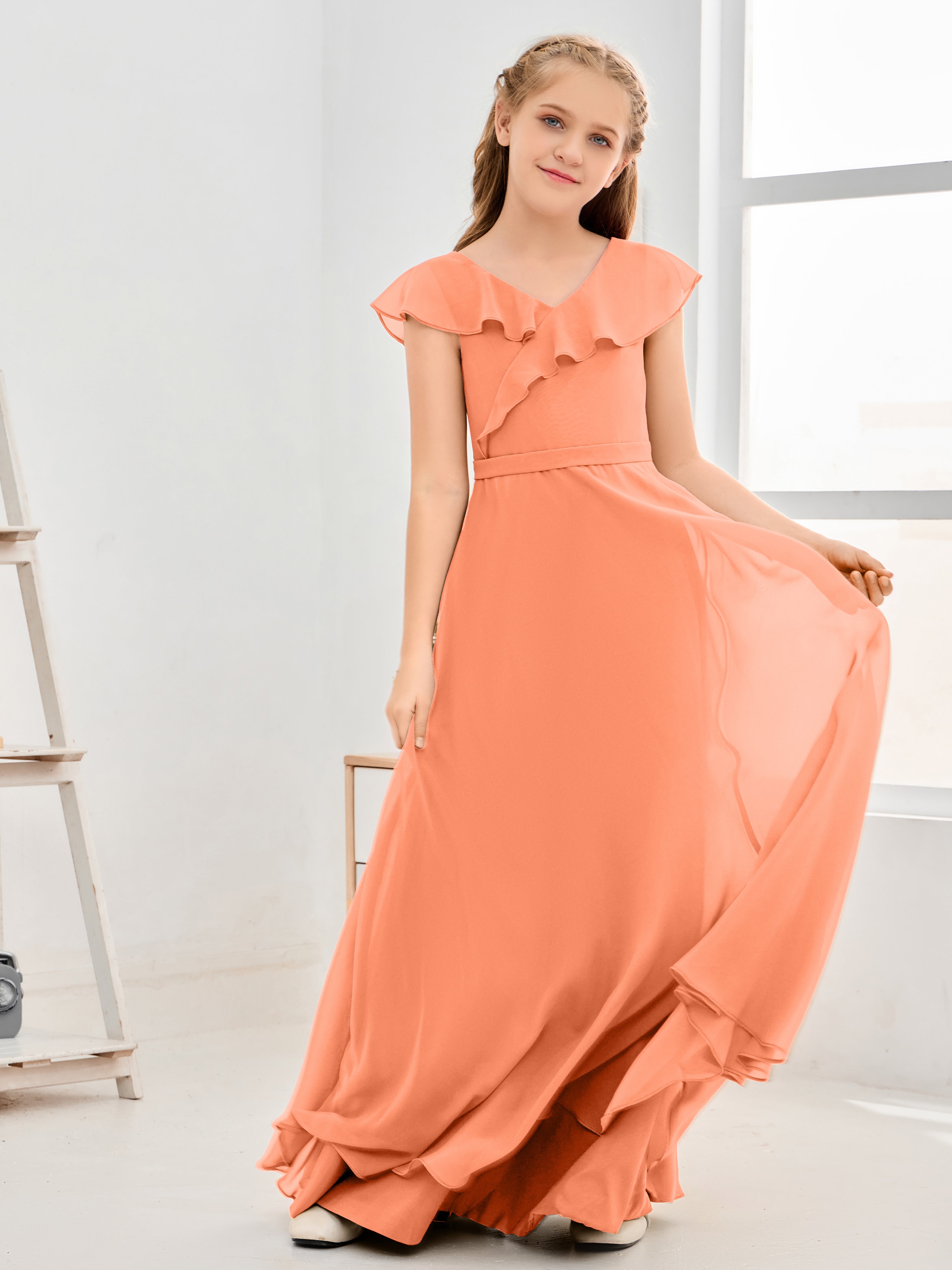 V Neck Ruffles Chiffon Junior Bridesmaid Dresses