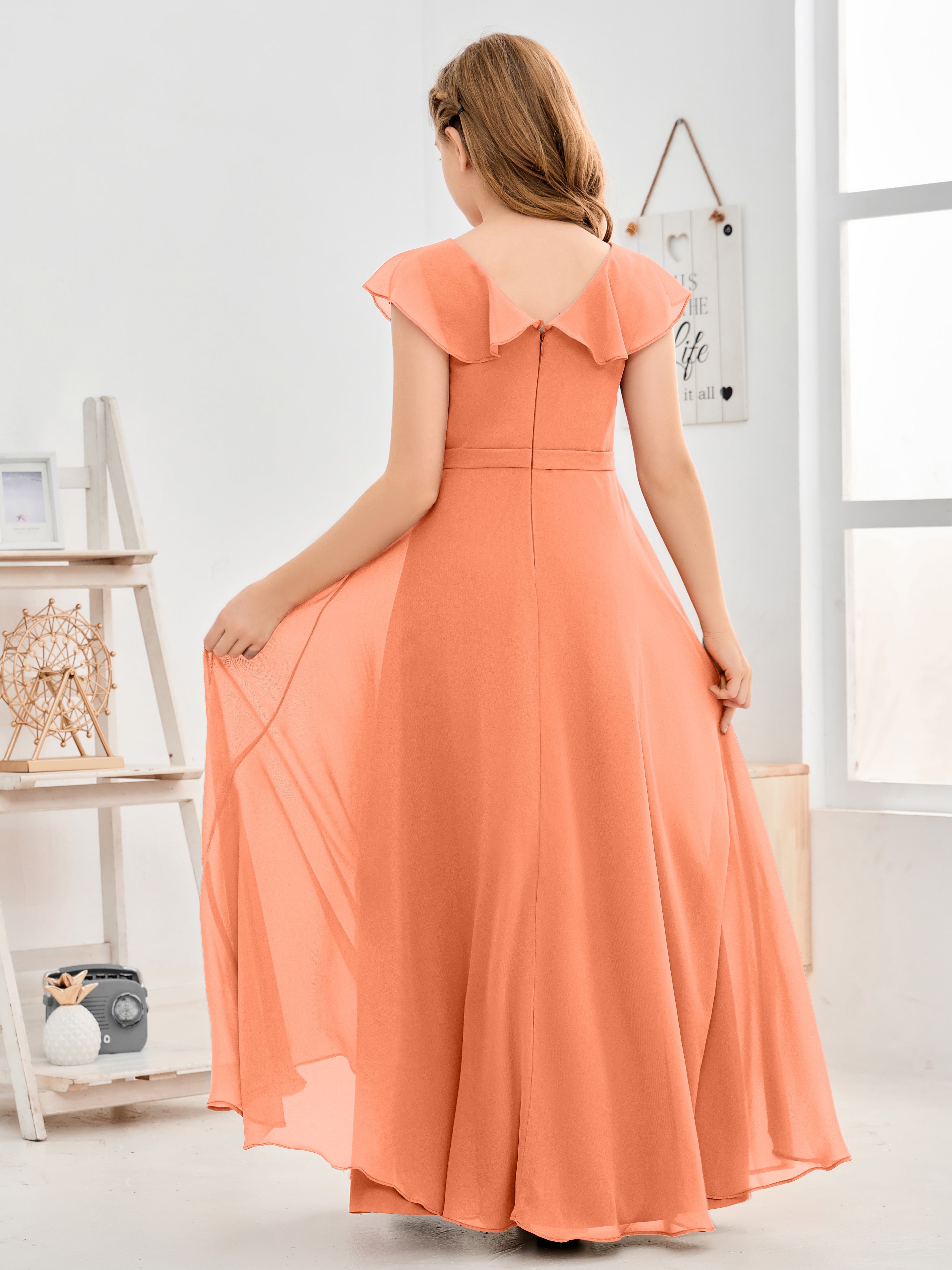 V Neck Ruffles Chiffon Junior Bridesmaid Dresses