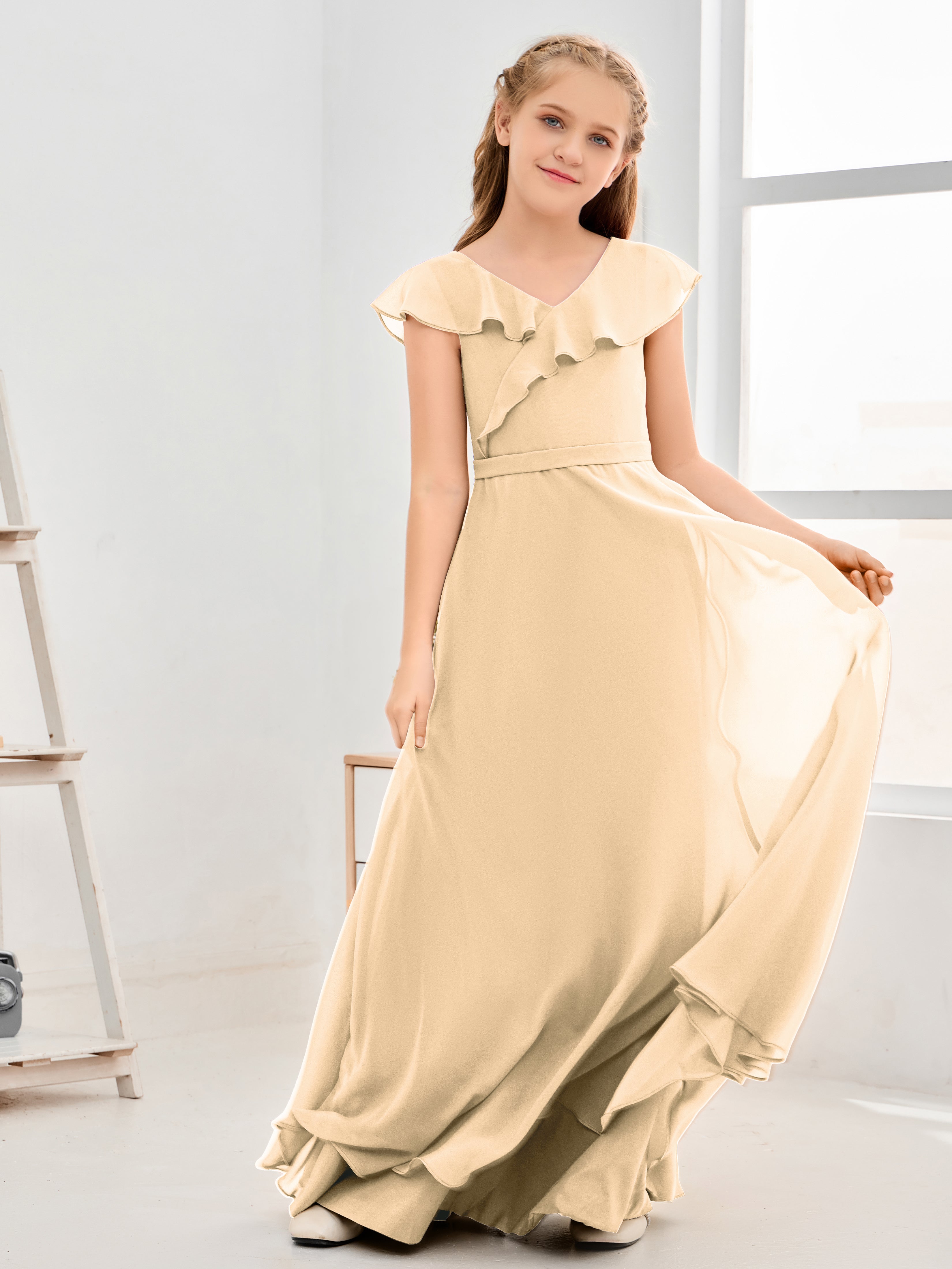 V Neck Ruffles Chiffon Junior Bridesmaid Dresses