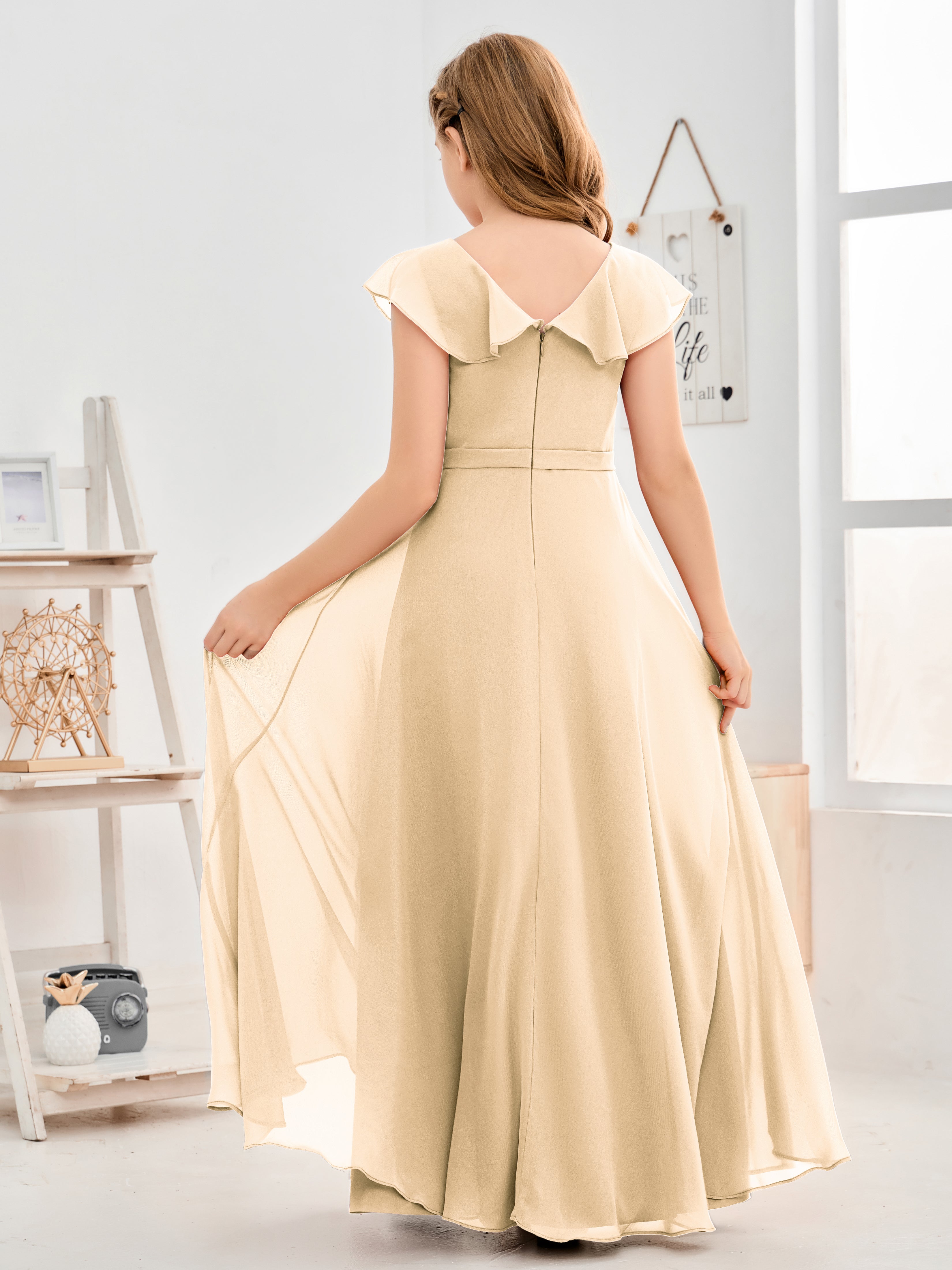 V Neck Ruffles Chiffon Junior Bridesmaid Dresses