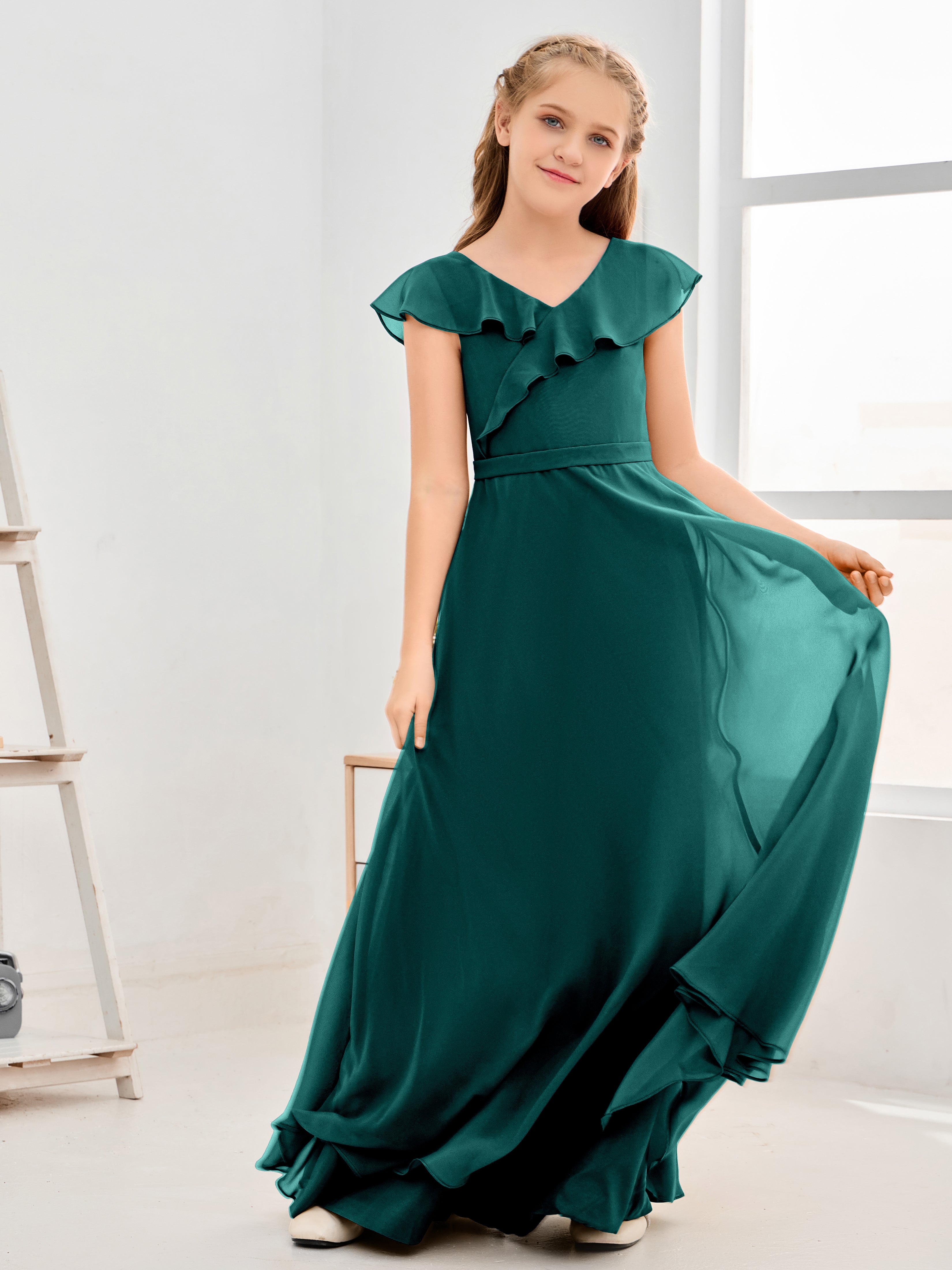 V Neck Ruffles Chiffon Junior Bridesmaid Dresses