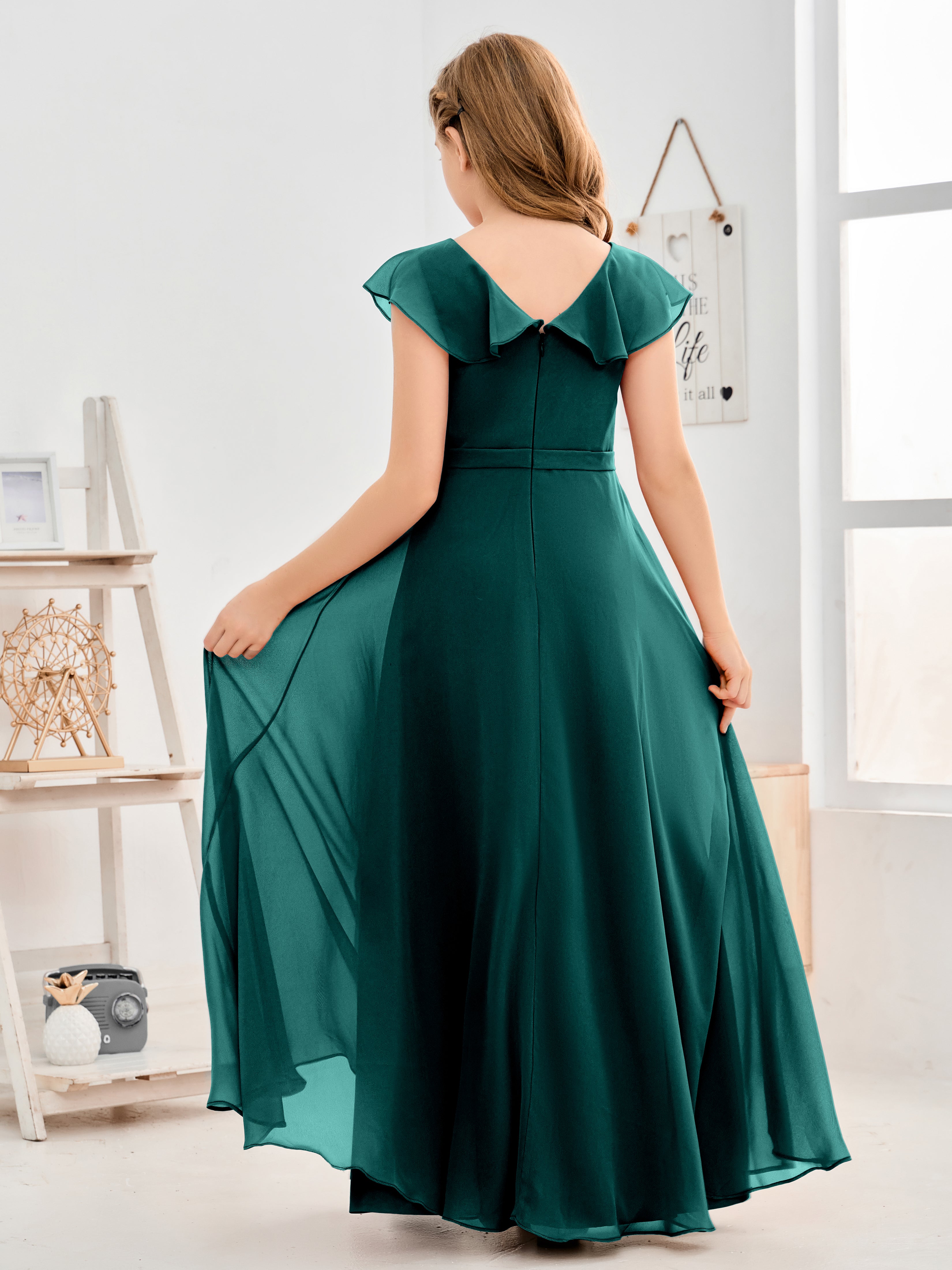 V Neck Ruffles Chiffon Junior Bridesmaid Dresses