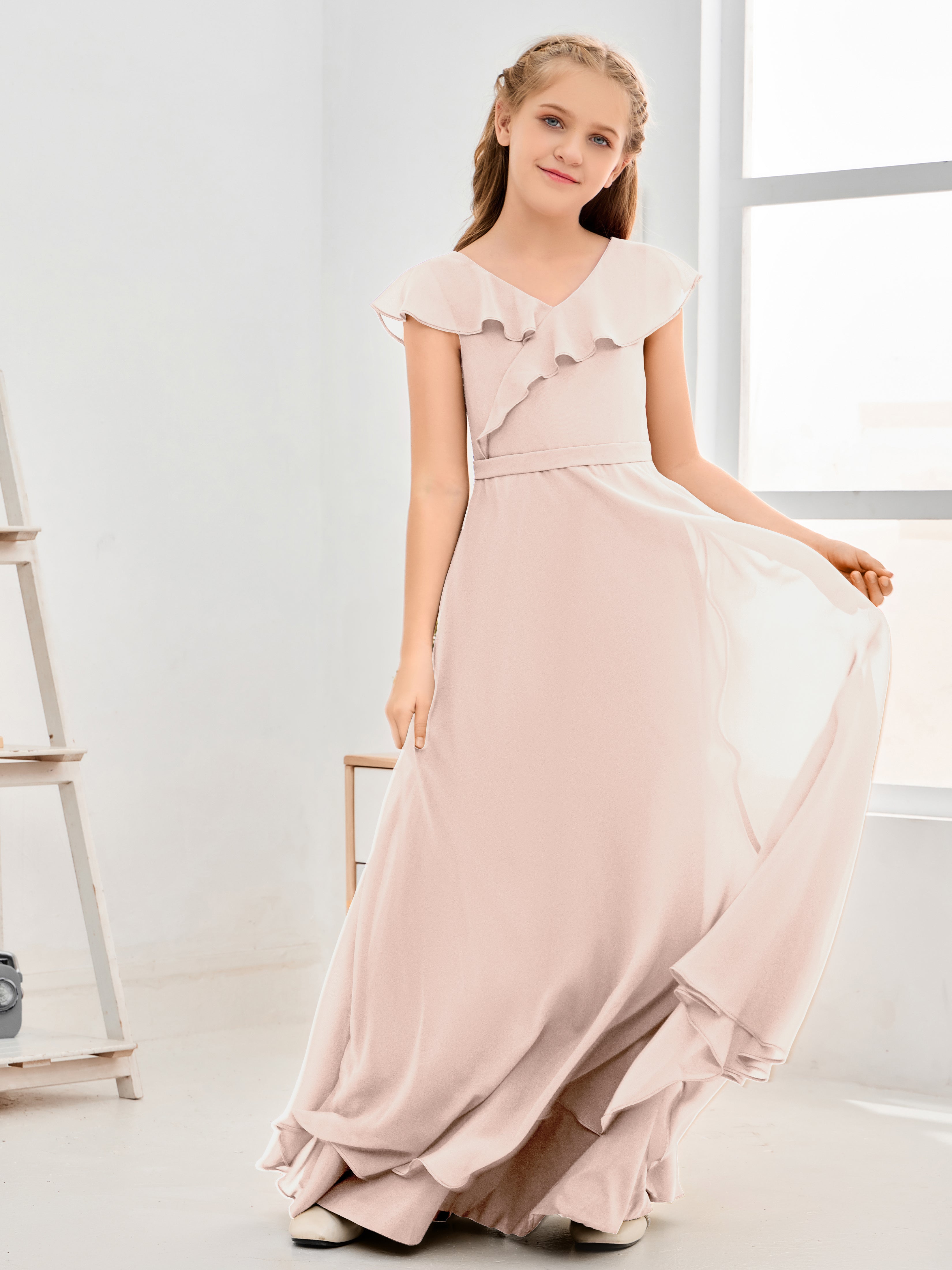 V Neck Ruffles Chiffon Junior Bridesmaid Dresses