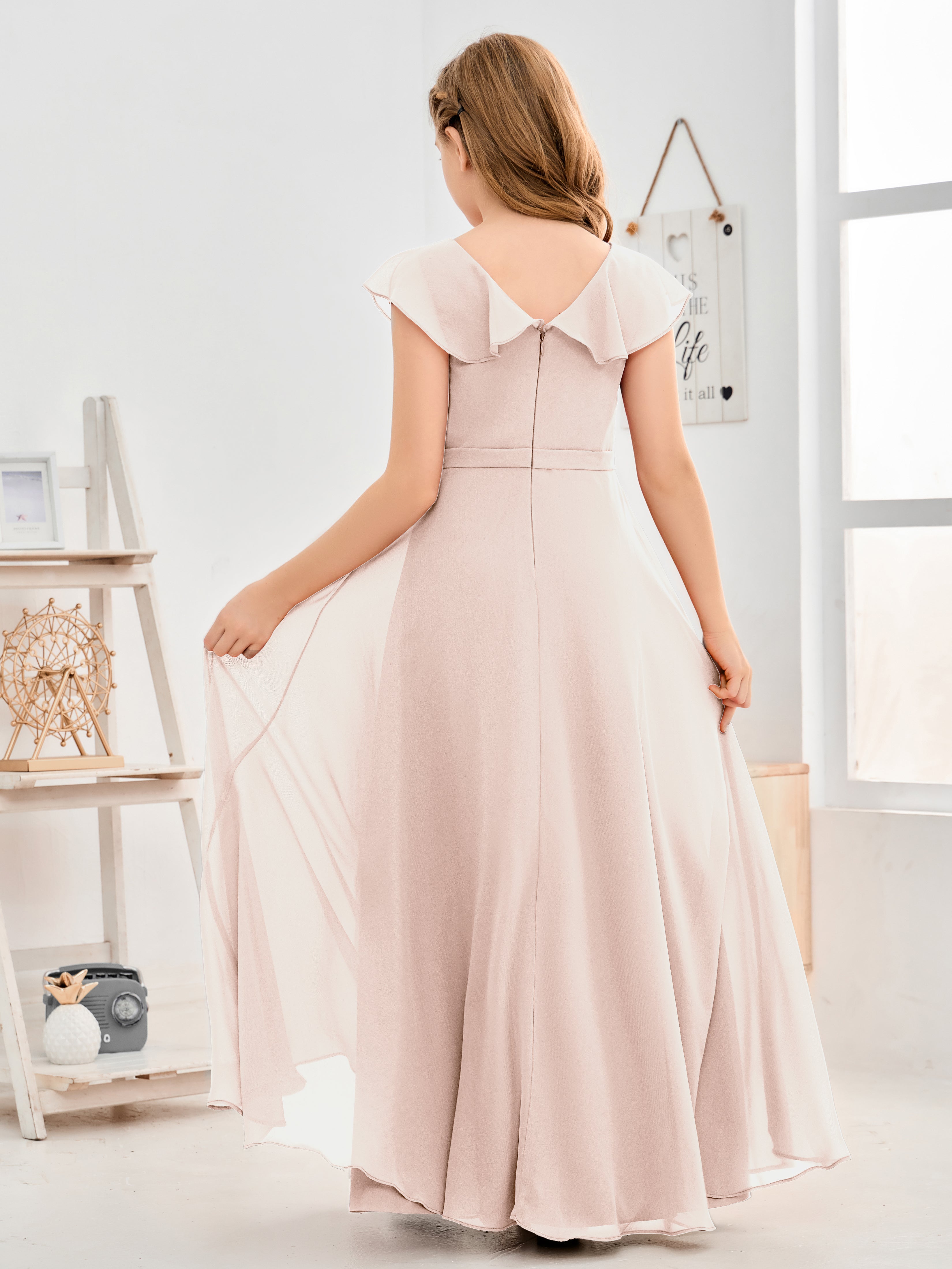 V Neck Ruffles Chiffon Junior Bridesmaid Dresses