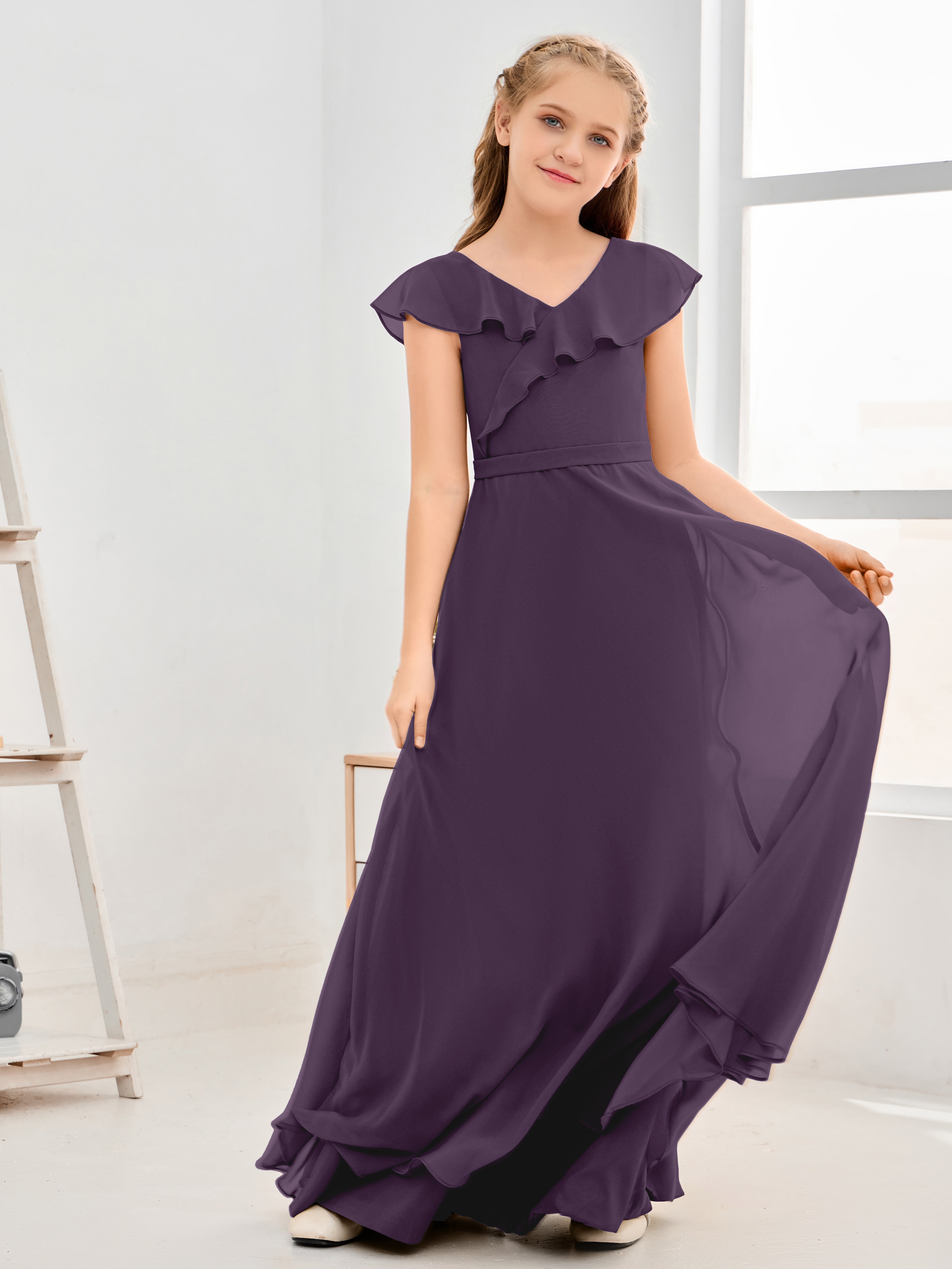 V Neck Ruffles Chiffon Junior Bridesmaid Dresses