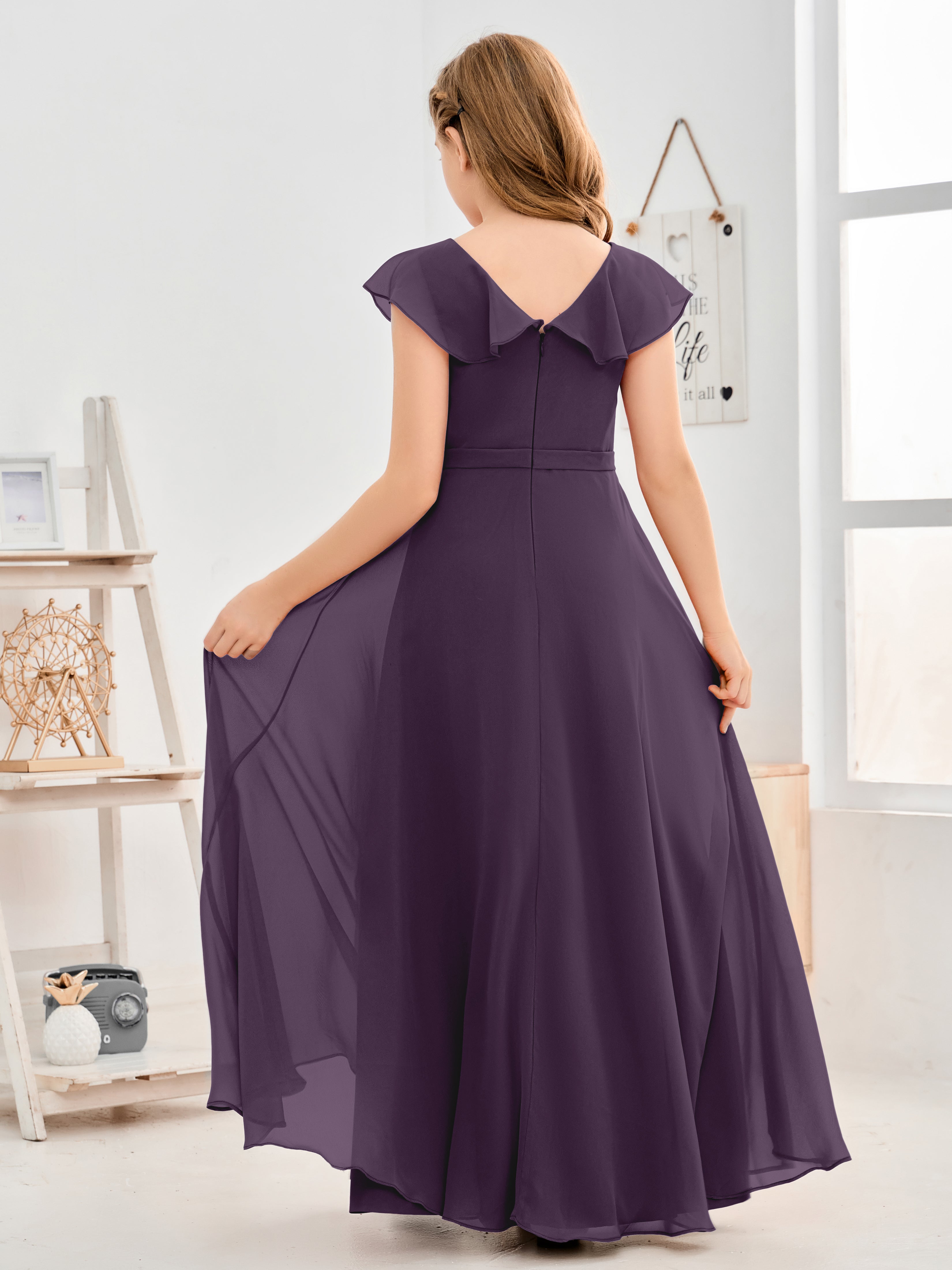 V Neck Ruffles Chiffon Junior Bridesmaid Dresses