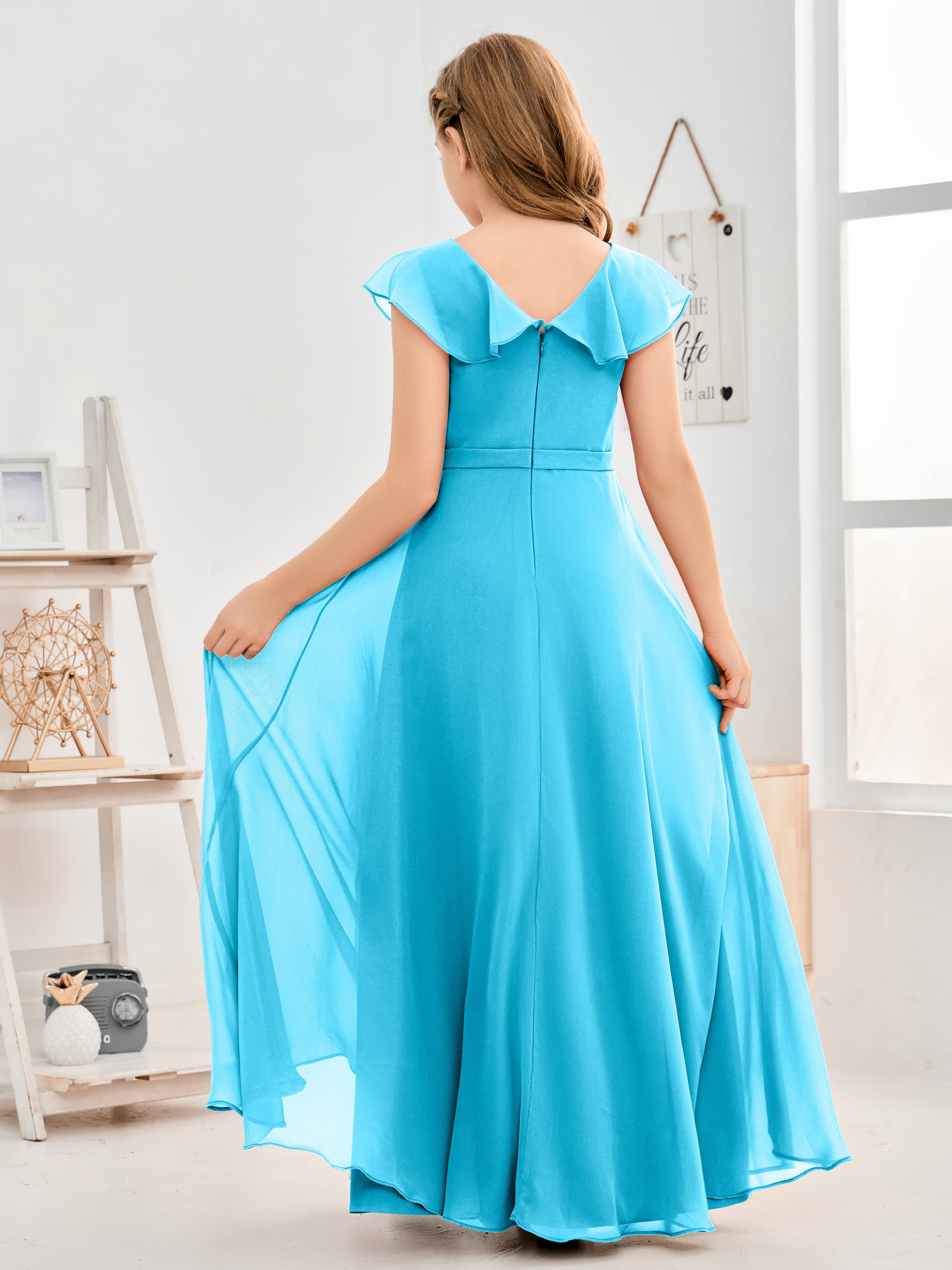 V Neck Ruffles Chiffon Junior Bridesmaid Dresses