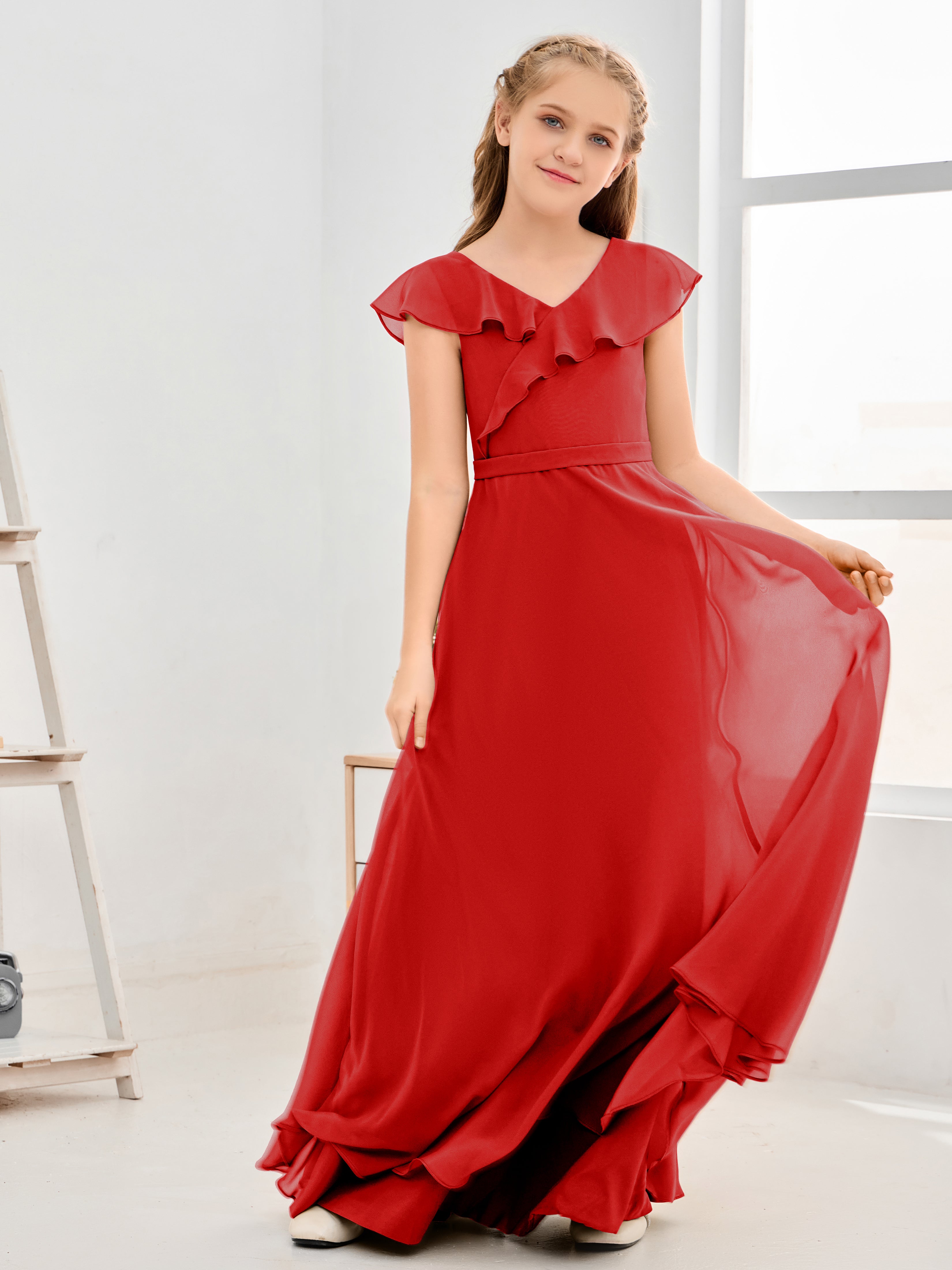 V Neck Ruffles Chiffon Junior Bridesmaid Dresses
