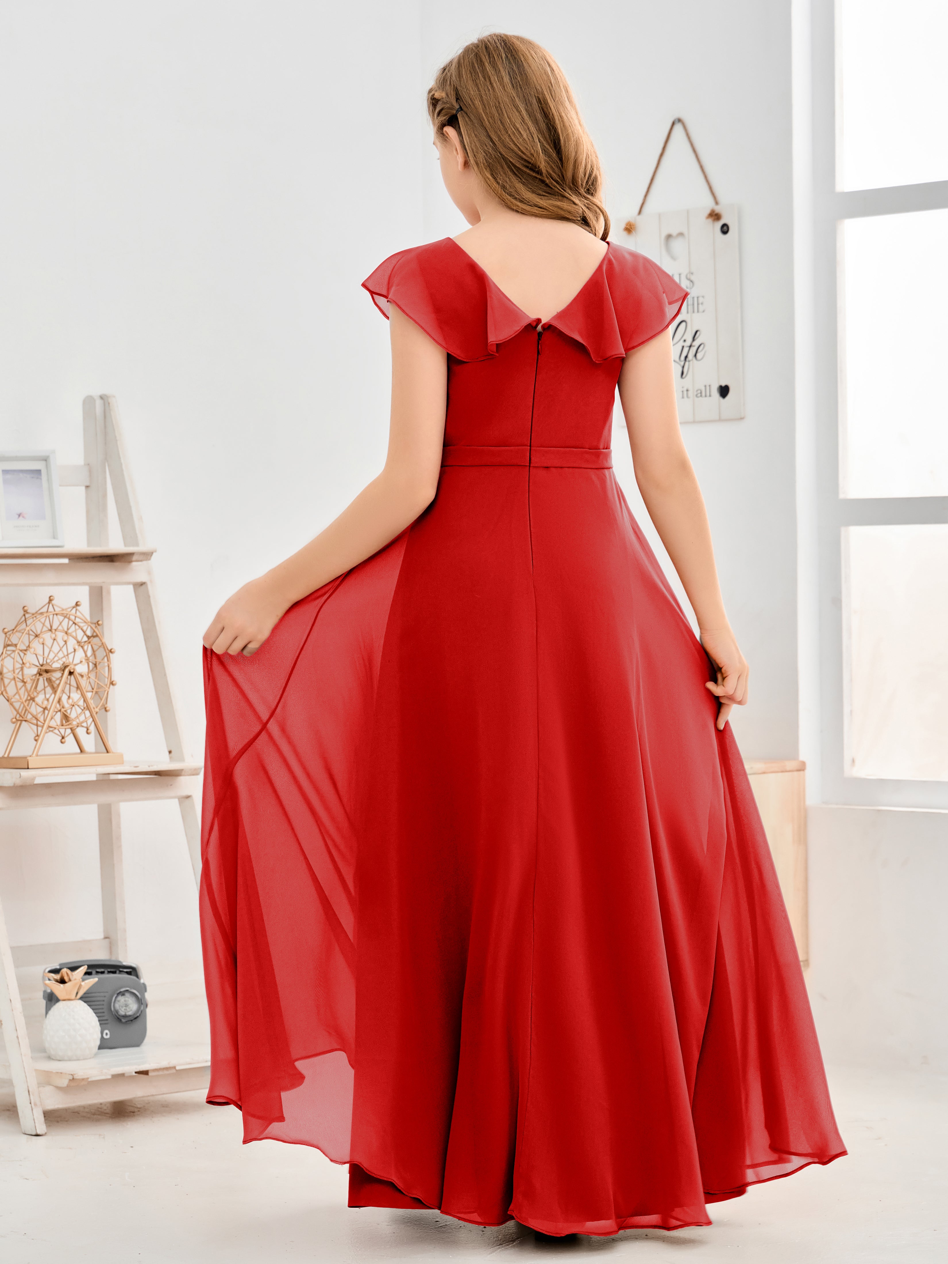 V Neck Ruffles Chiffon Junior Bridesmaid Dresses