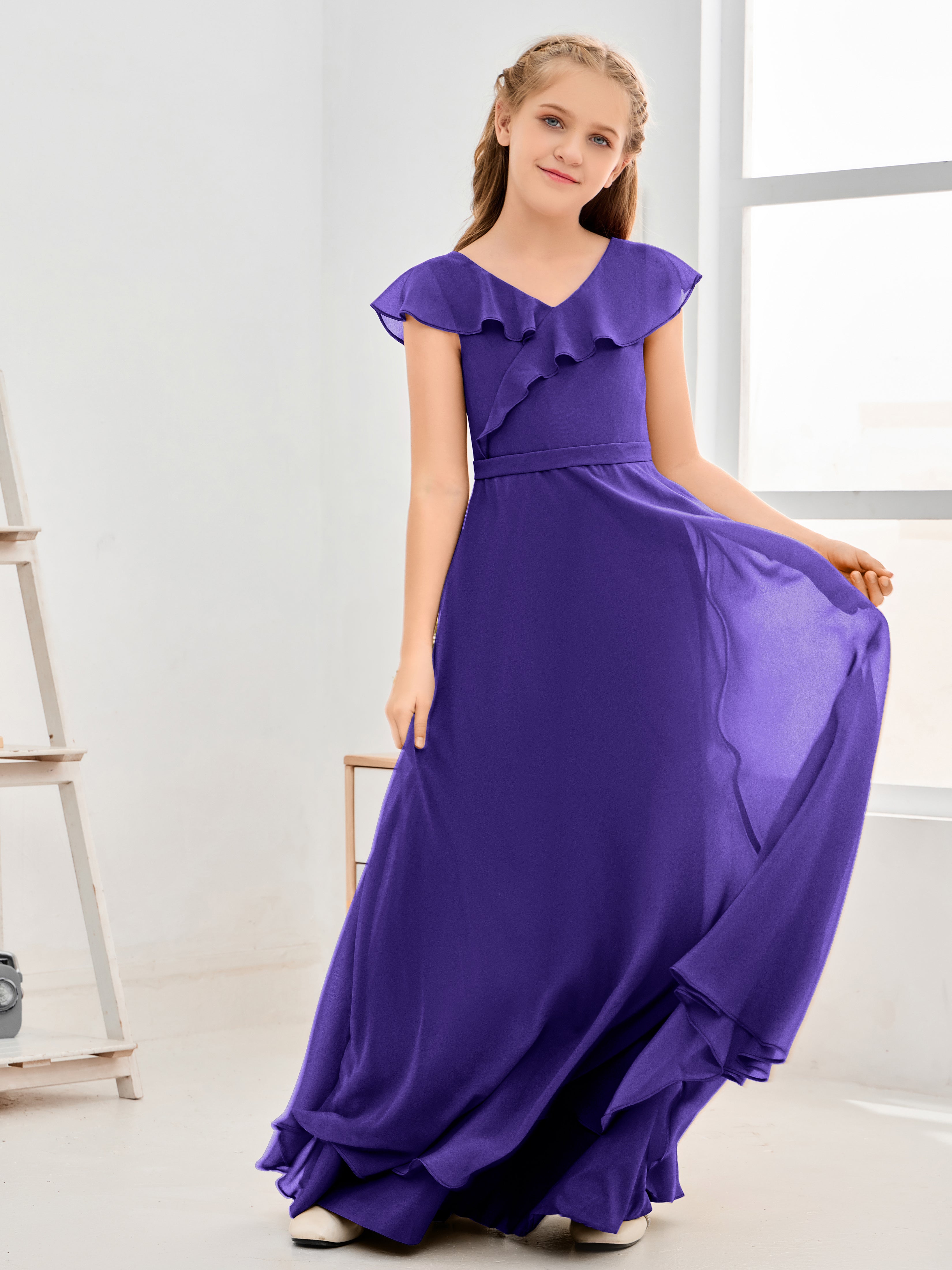 V Neck Ruffles Chiffon Junior Bridesmaid Dresses