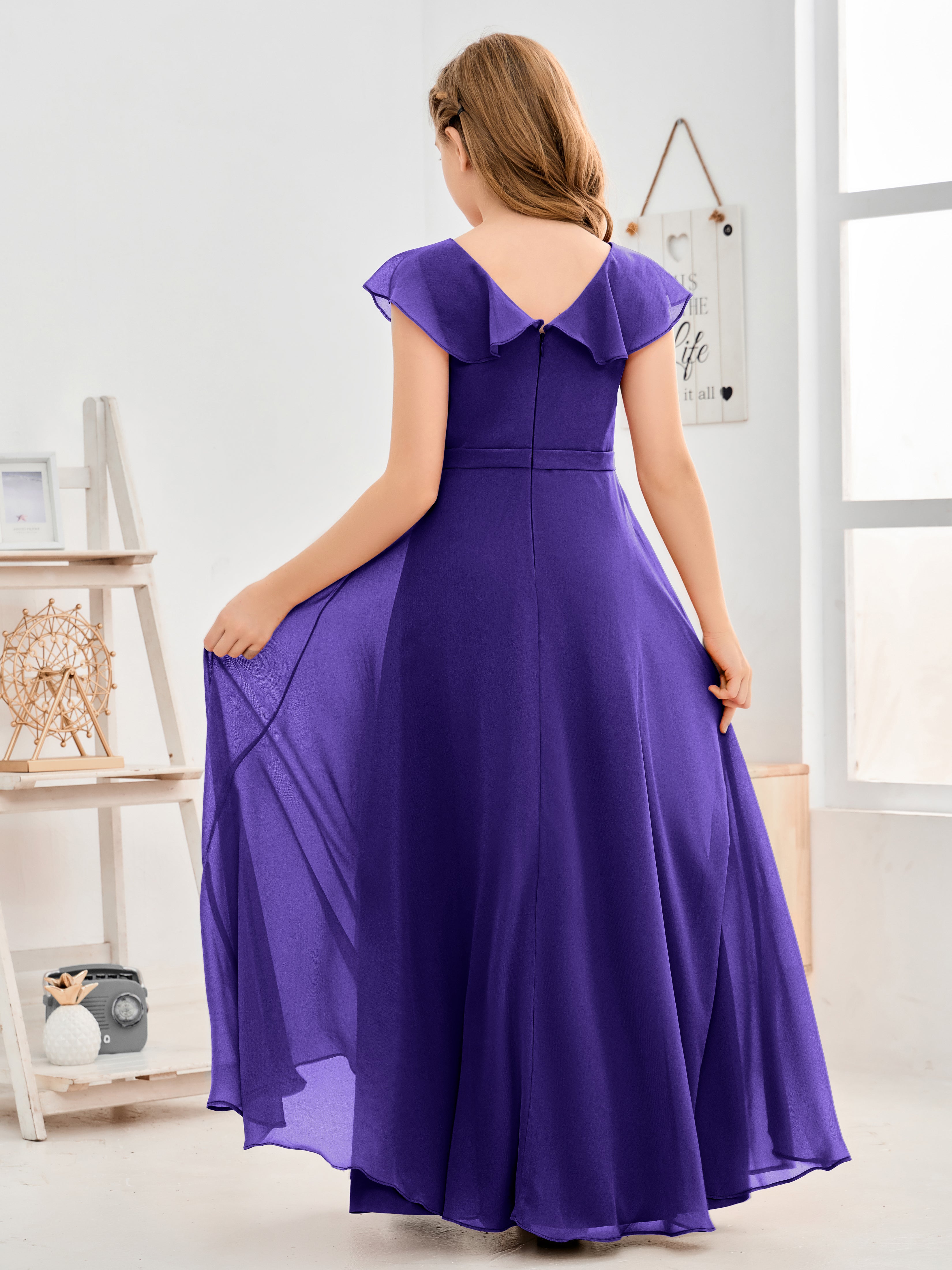 V Neck Ruffles Chiffon Junior Bridesmaid Dresses