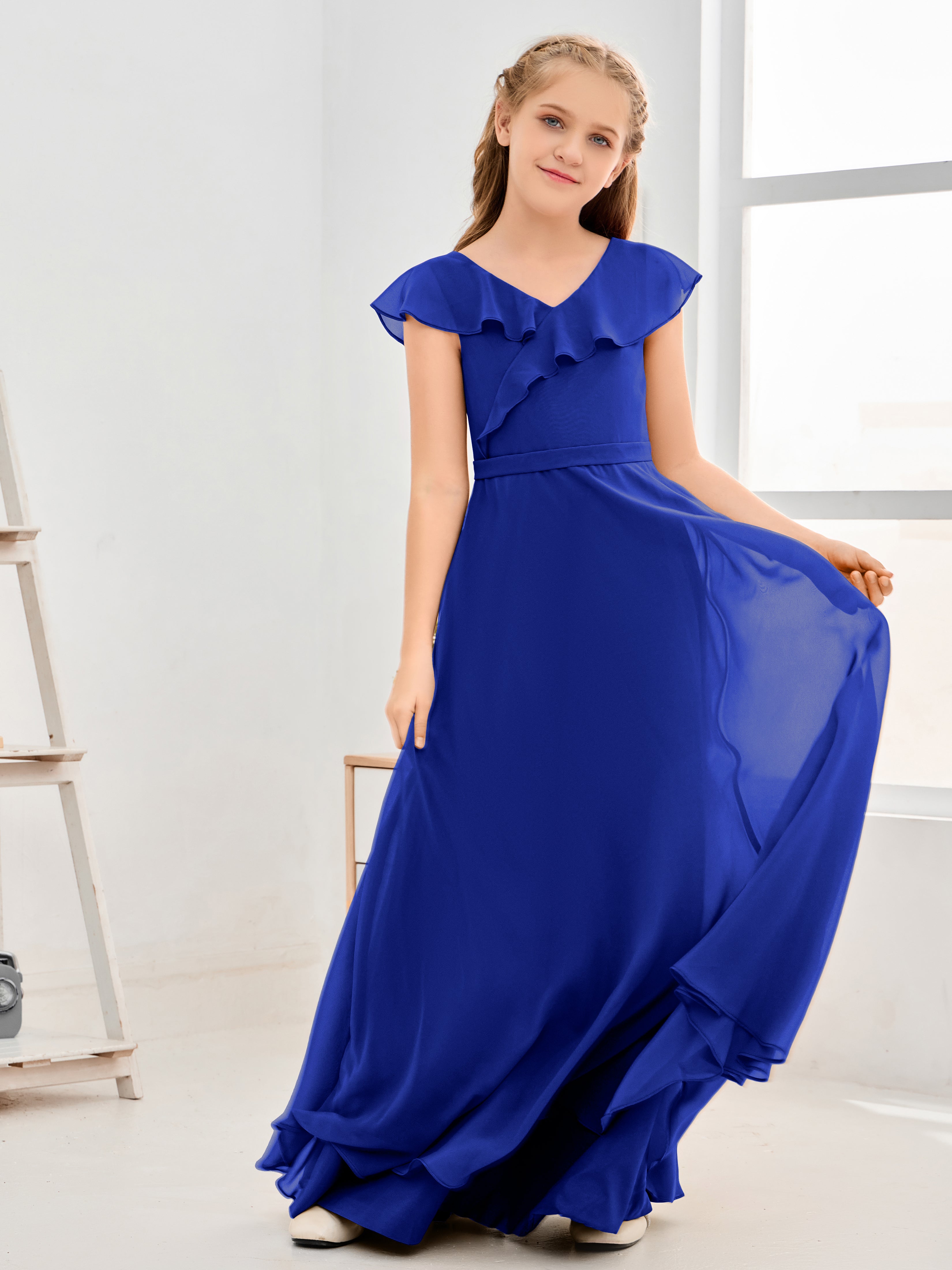 V Neck Ruffles Chiffon Junior Bridesmaid Dresses