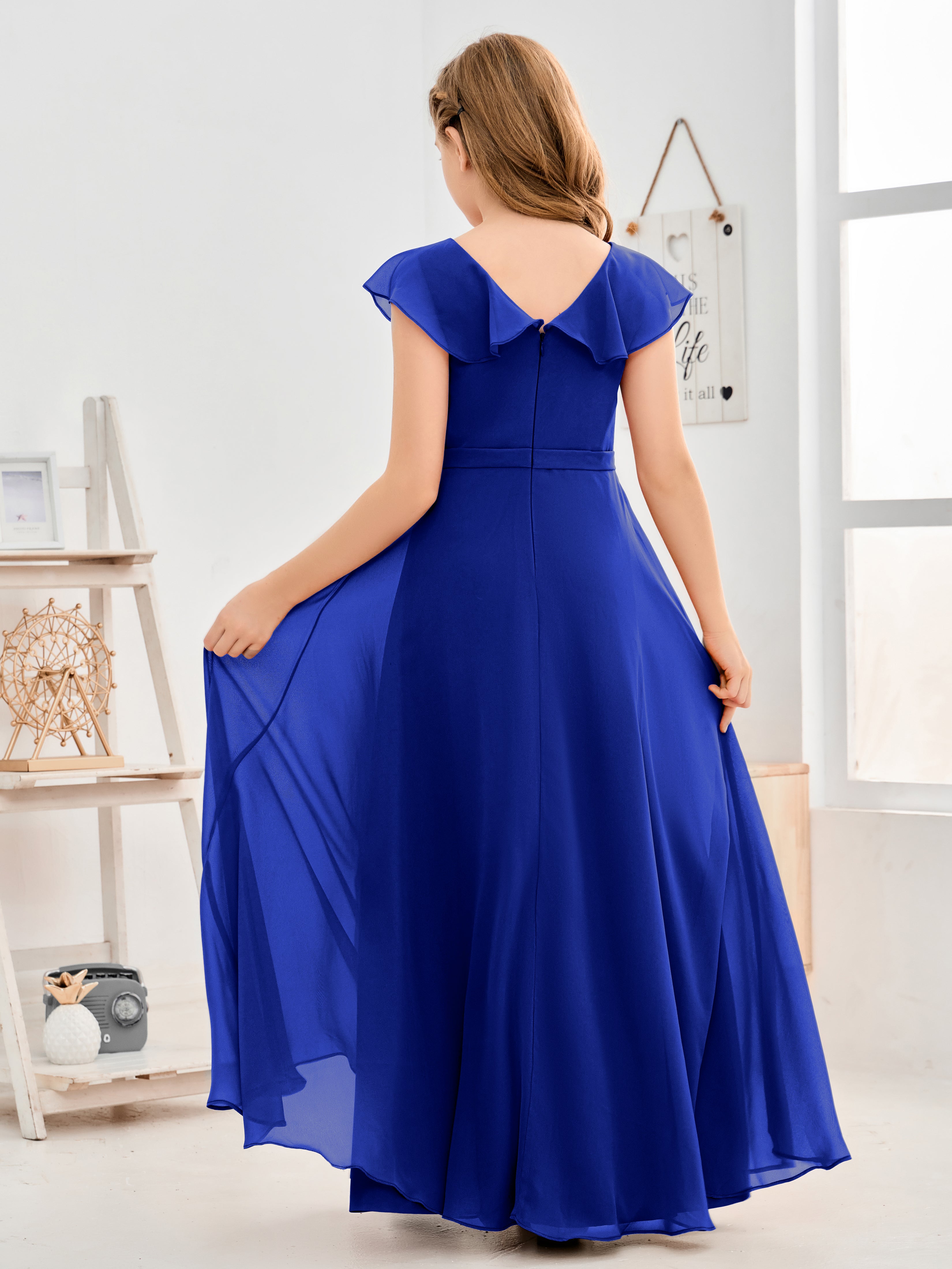 V Neck Ruffles Chiffon Junior Bridesmaid Dresses