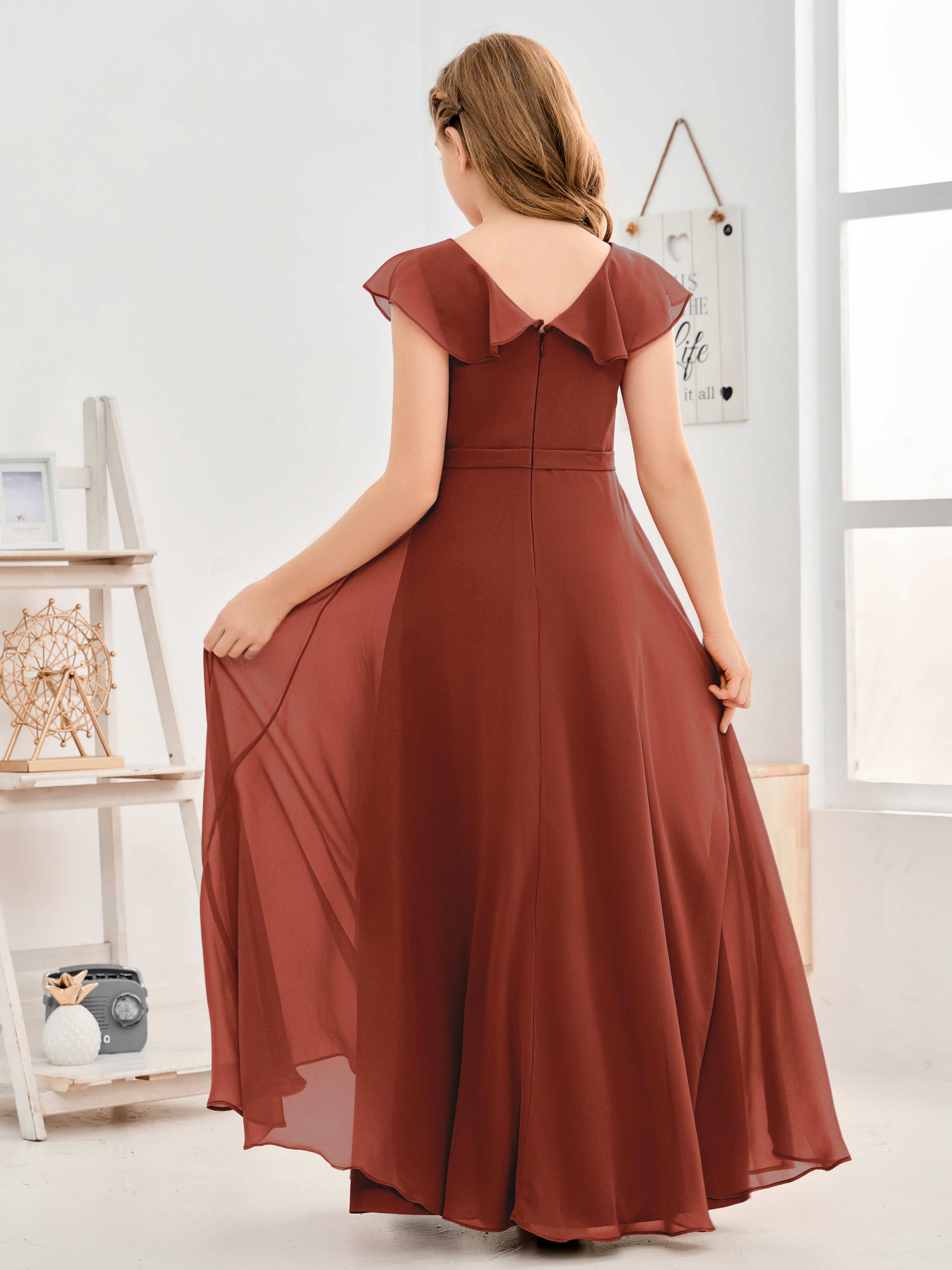 V Neck Ruffles Chiffon Junior Bridesmaid Dresses