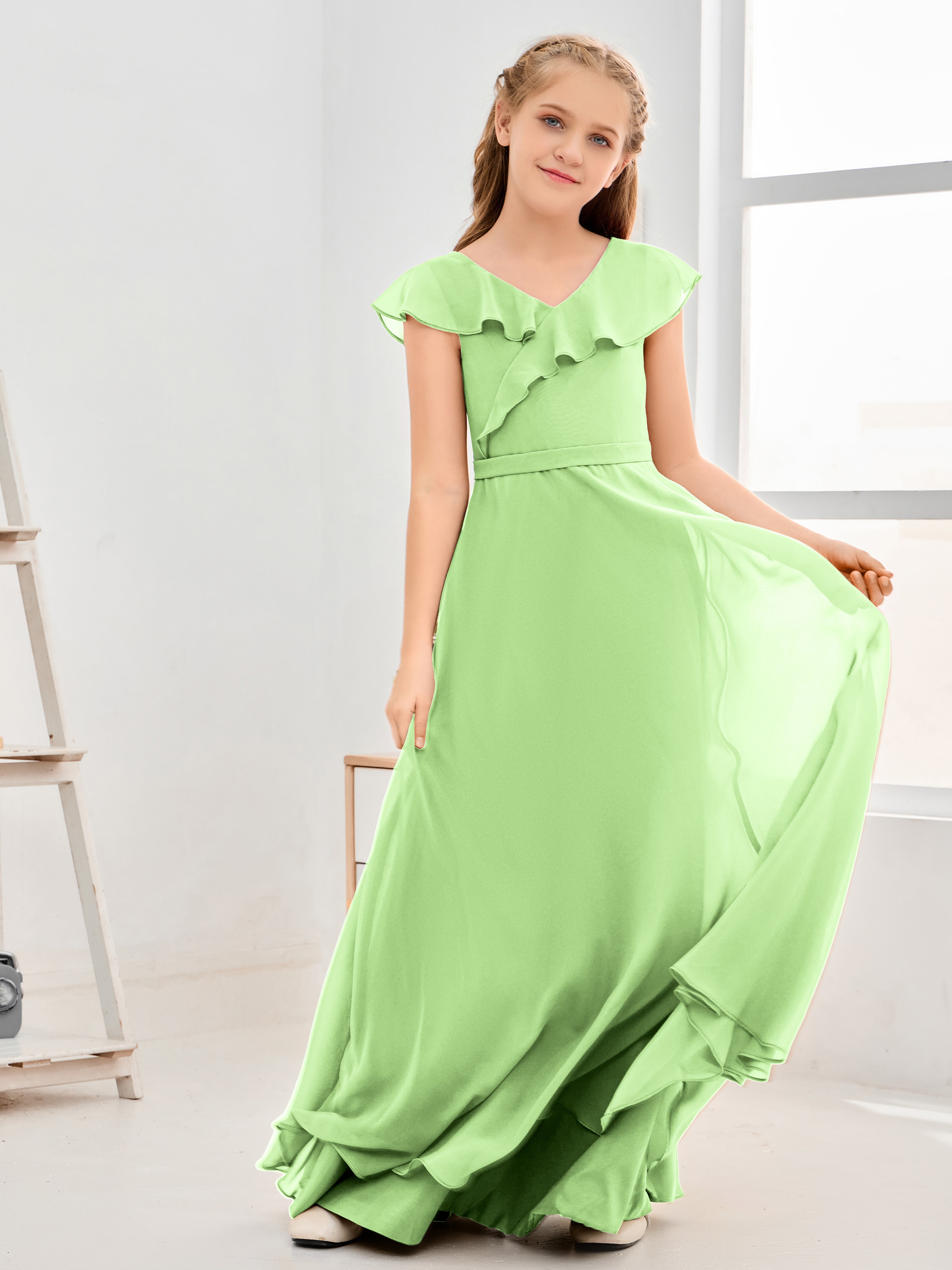 V Neck Ruffles Chiffon Junior Bridesmaid Dresses