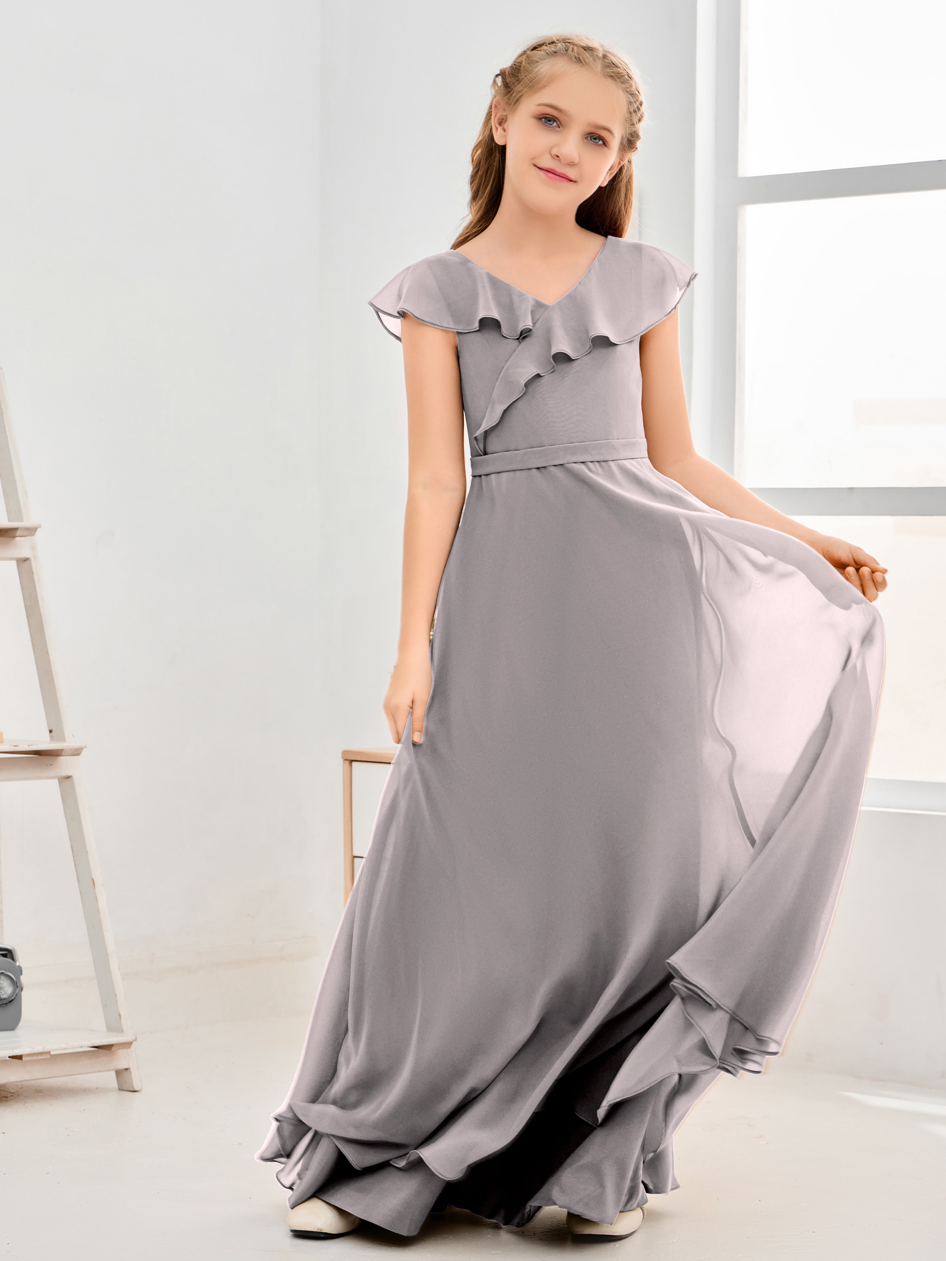V Neck Ruffles Chiffon Junior Bridesmaid Dresses