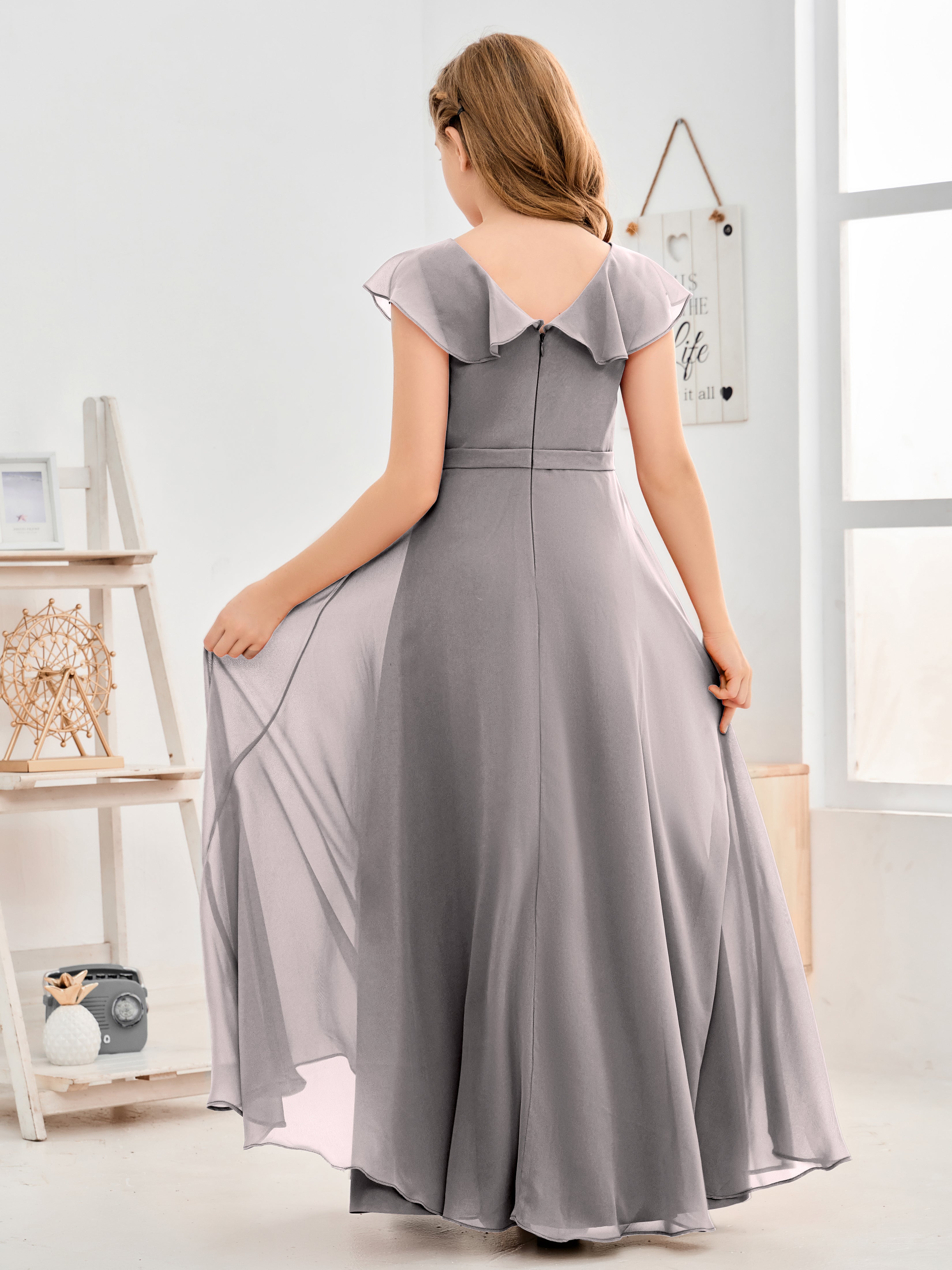 V Neck Ruffles Chiffon Junior Bridesmaid Dresses