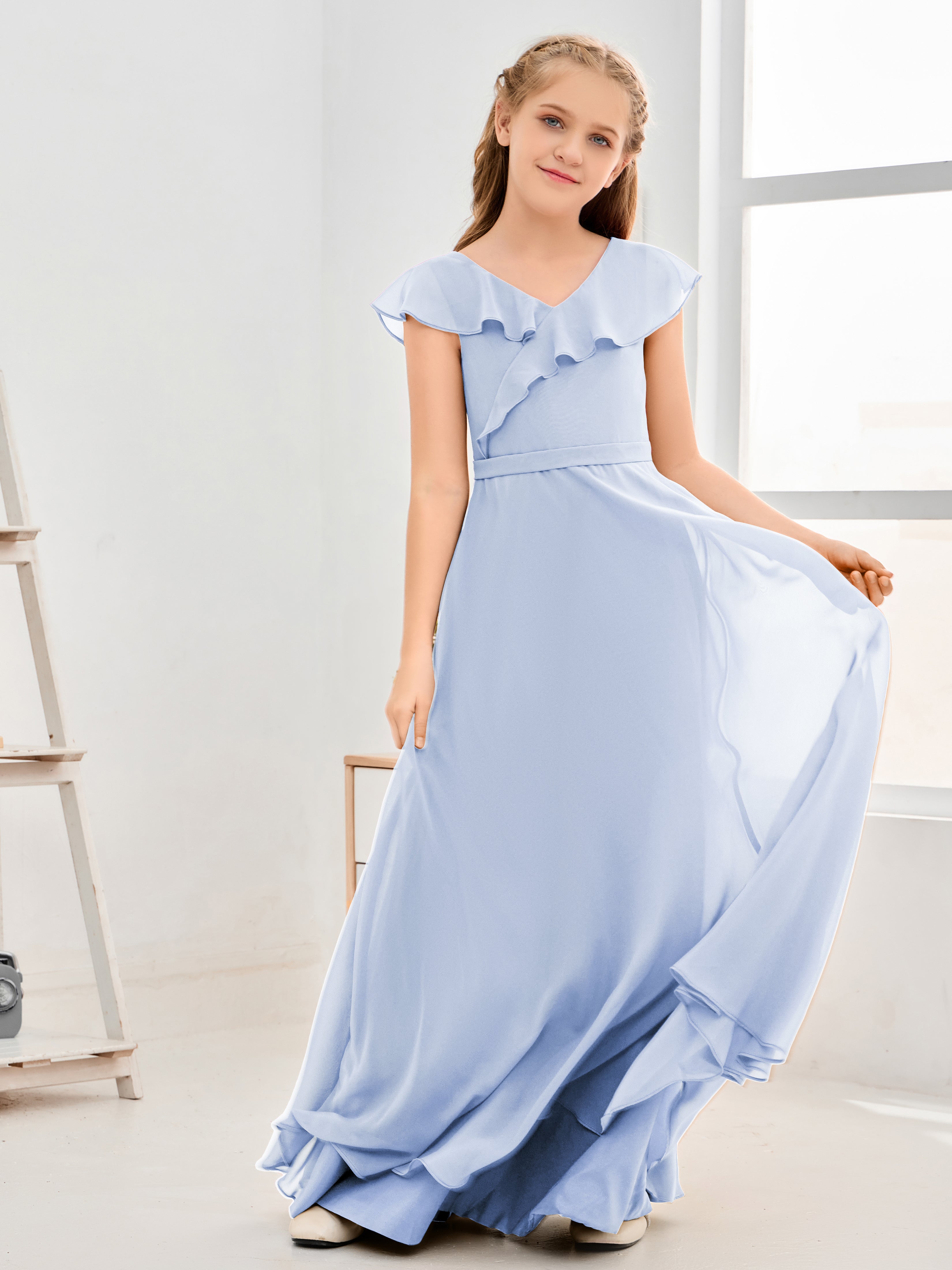 V Neck Ruffles Chiffon Junior Bridesmaid Dresses